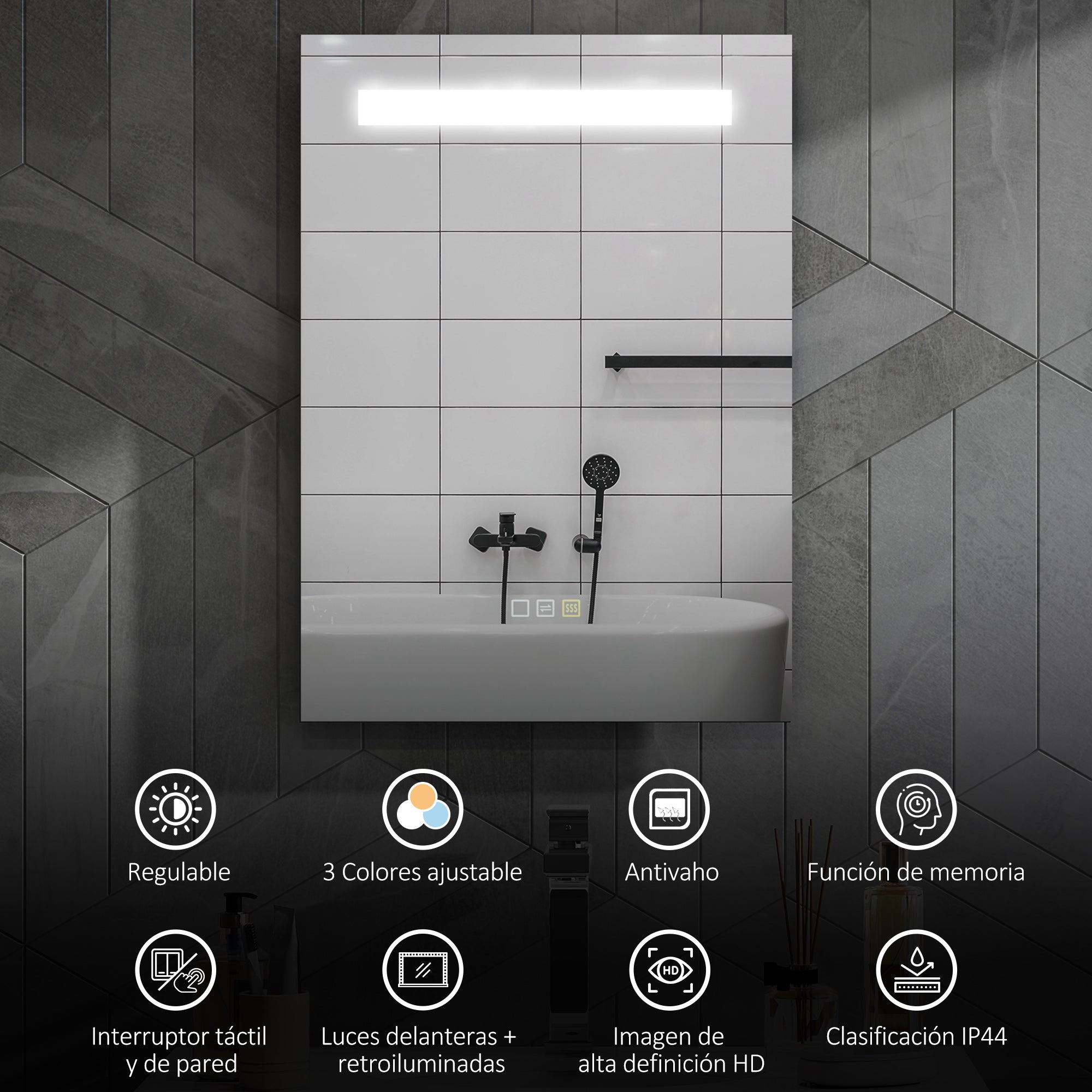 Bathroom Mirror with LED Light 70x50 cm Wall Mirror with 3 Light Colors Anti-fog Function Memory Function Touch Switch IP44