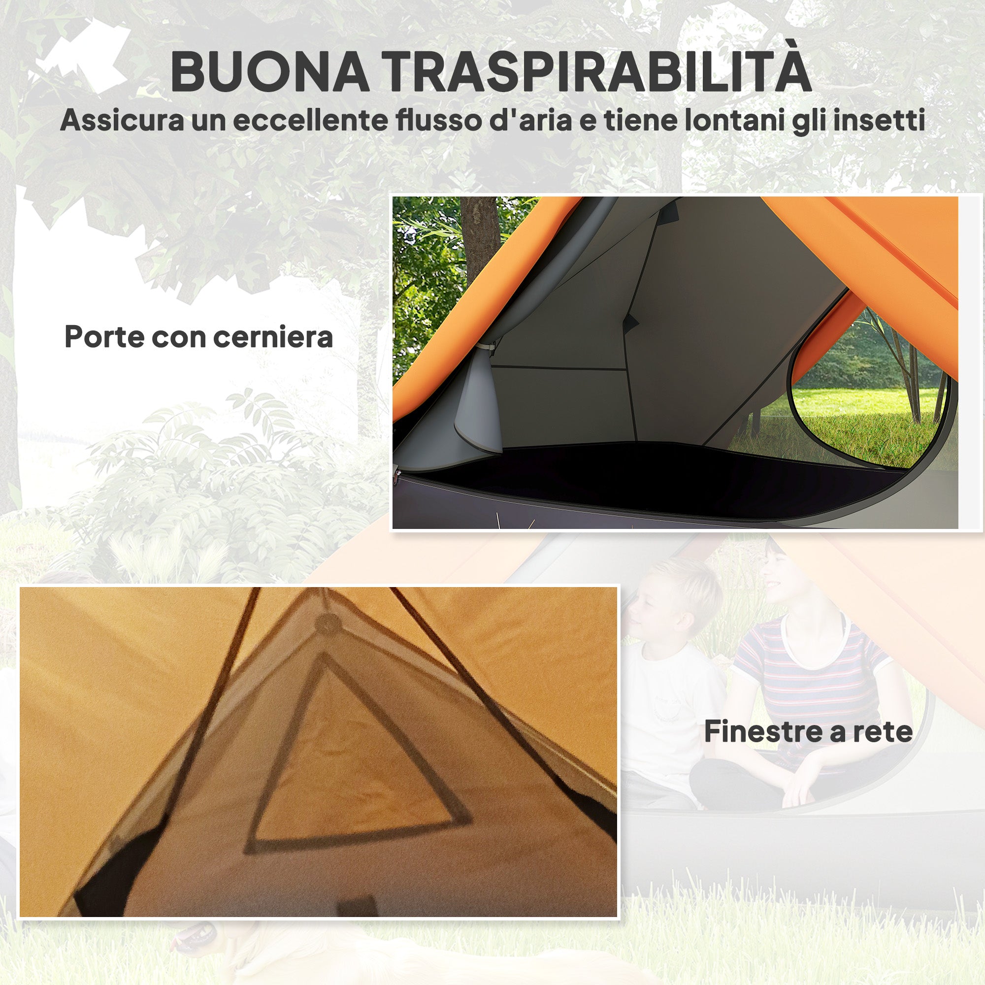 2-Person Camping Tent with 2 Vestibules, Waterproof Dome Tent with 2 Doors, 2 Mesh Windows, Internal Pockets, and Transport Bag for Trekking, 280x225x110 cm, Orange