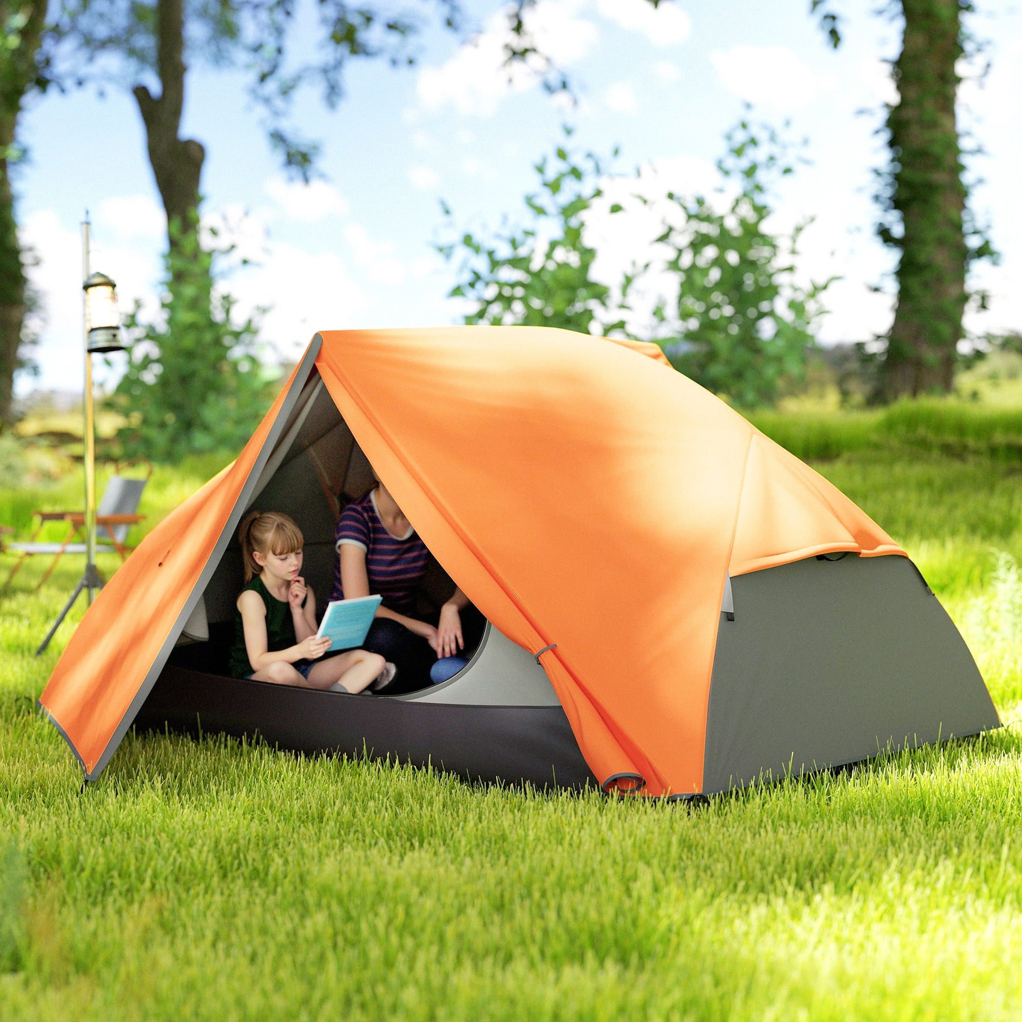 2-Person Camping Tent with 2 Vestibules, Waterproof Dome Tent with 2 Doors, 2 Mesh Windows, Internal Pockets, and Transport Bag for Trekking, 280x225x110 cm, Orange
