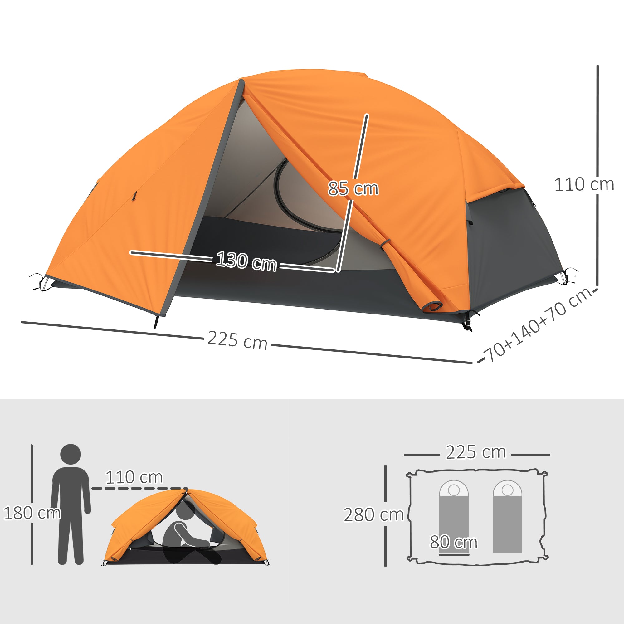 2-Person Camping Tent with 2 Vestibules, Waterproof Dome Tent with 2 Doors, 2 Mesh Windows, Internal Pockets, and Transport Bag for Trekking, 280x225x110 cm, Orange