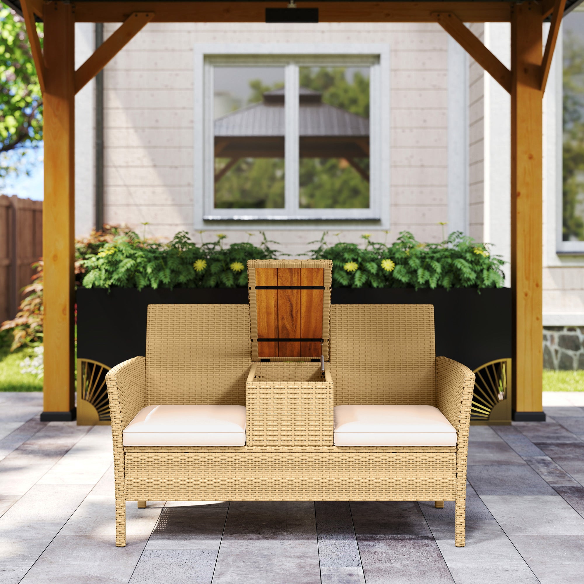 2-Seater Rattan and Steel Garden Bench with Cushions and Folding Table with Hidden Storage Space, Outdoor Sofa, 134x58x82 cm, Cream and Khaki