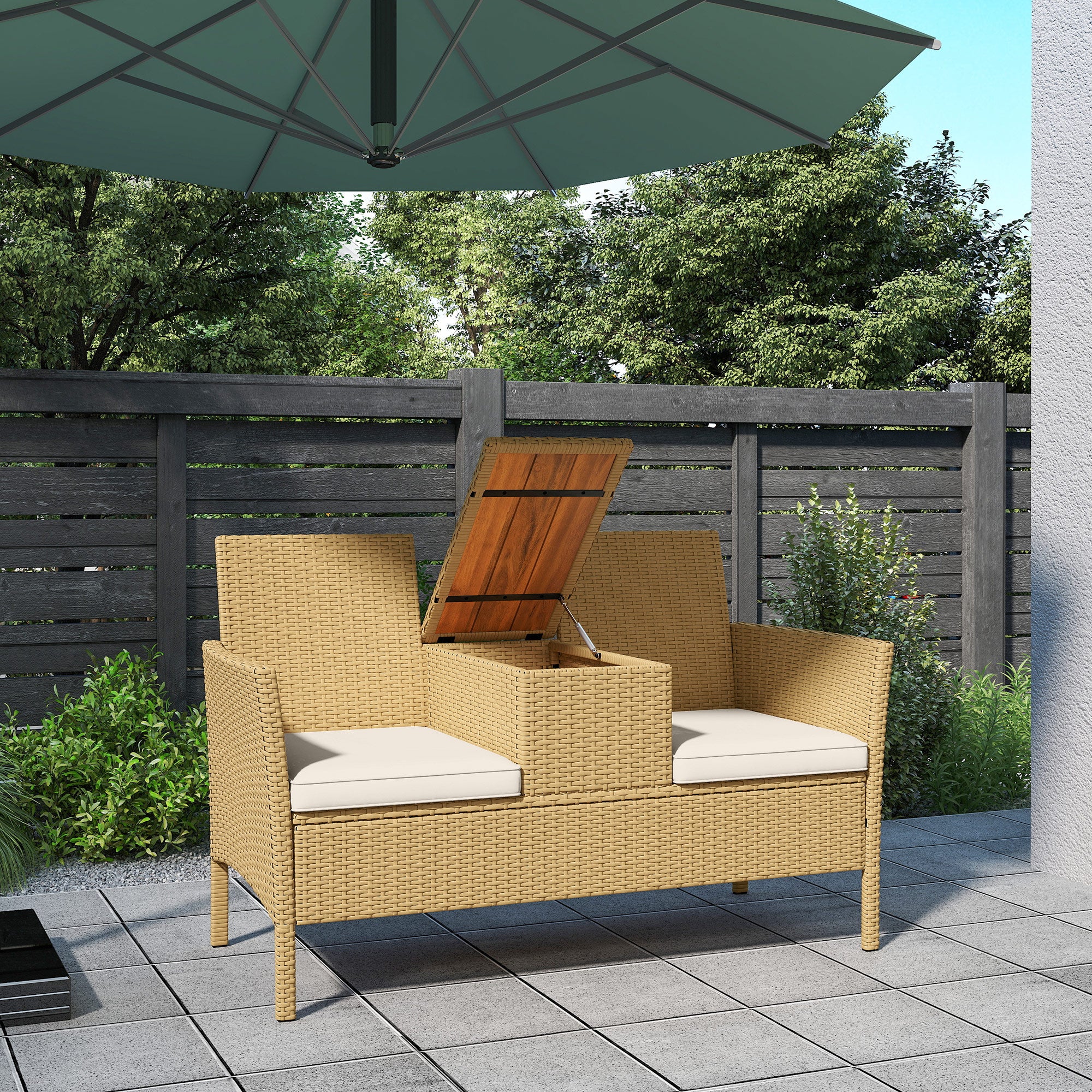 2-Seater Rattan and Steel Garden Bench with Cushions and Folding Table with Hidden Storage Space, Outdoor Sofa, 134x58x82 cm, Cream and Khaki