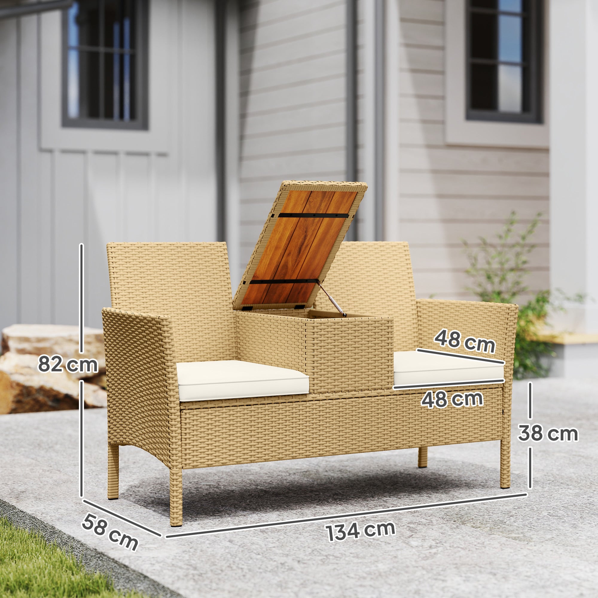 2-Seater Rattan and Steel Garden Bench with Cushions and Folding Table with Hidden Storage Space, Outdoor Sofa, 134x58x82 cm, Cream and Khaki