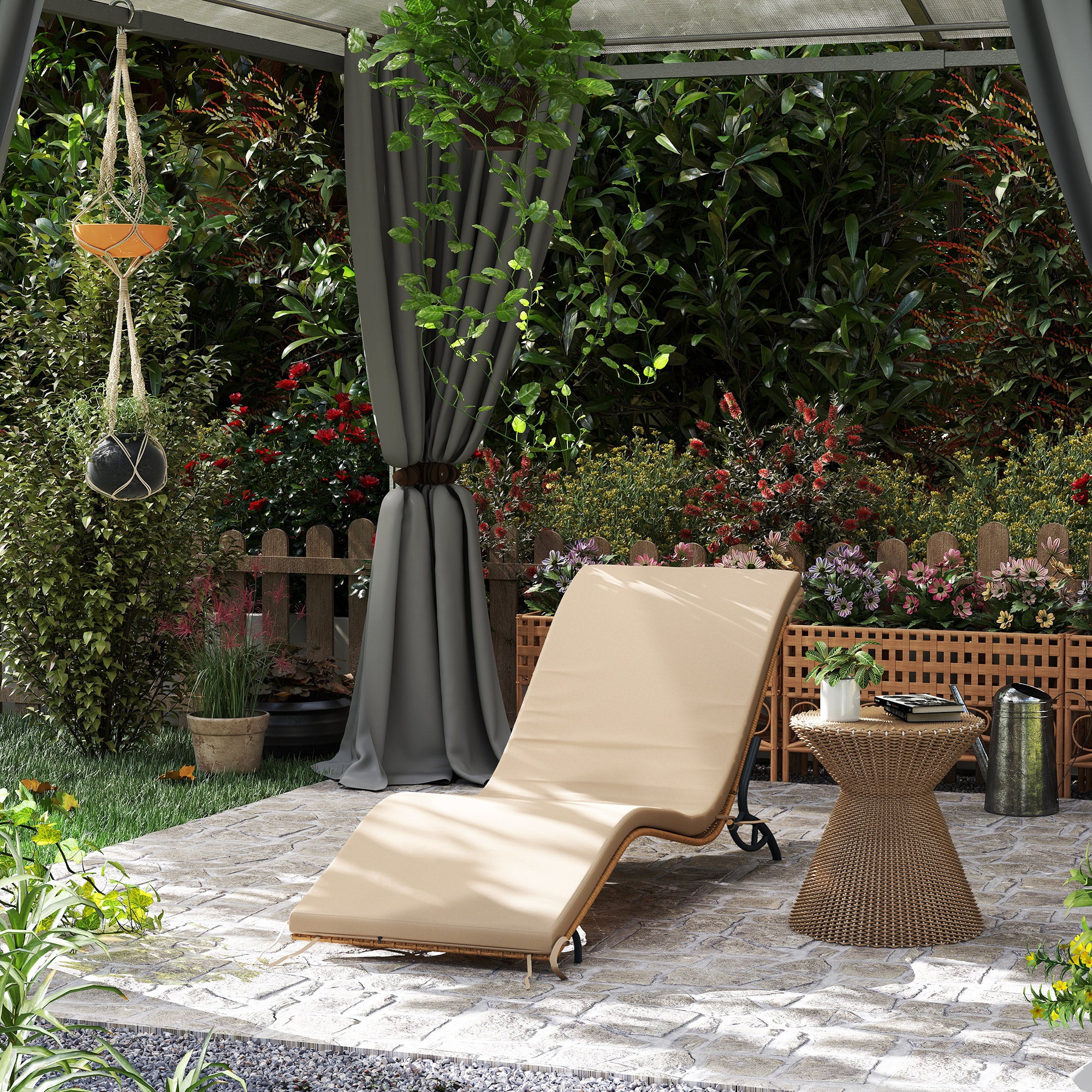 Rattan Sun Lounger Water-Repellent Garden Lounger with Cushion, Weatherproof Lounger 120 kg Load Capacity UV Resistant Recliner Sun Lounger Garden Furniture for Garden Balcony Outdoor 166 x 63 x 76 cm Beige