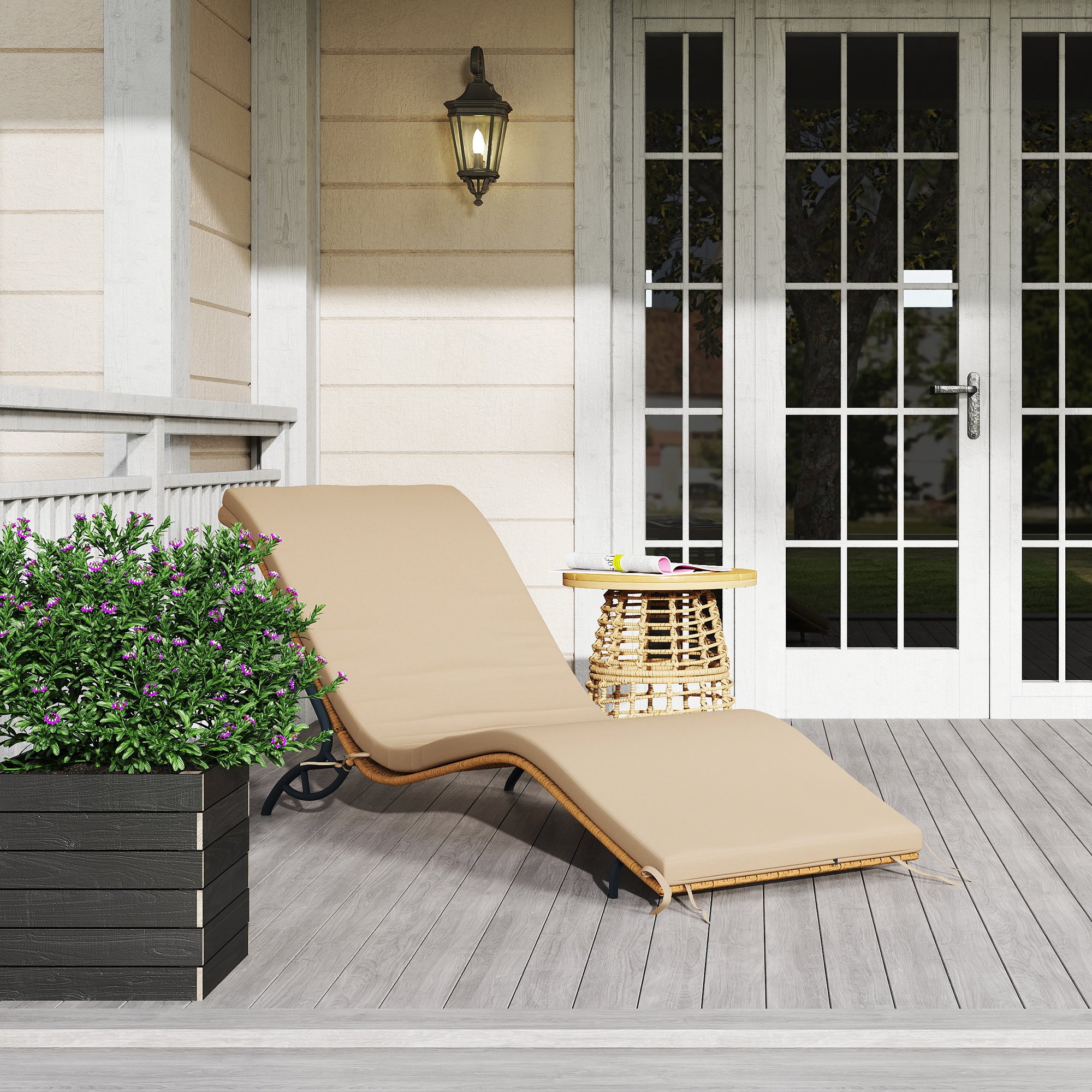 Rattan Sun Lounger Water-Repellent Garden Lounger with Cushion, Weatherproof Lounger 120 kg Load Capacity UV Resistant Recliner Sun Lounger Garden Furniture for Garden Balcony Outdoor 166 x 63 x 76 cm Beige