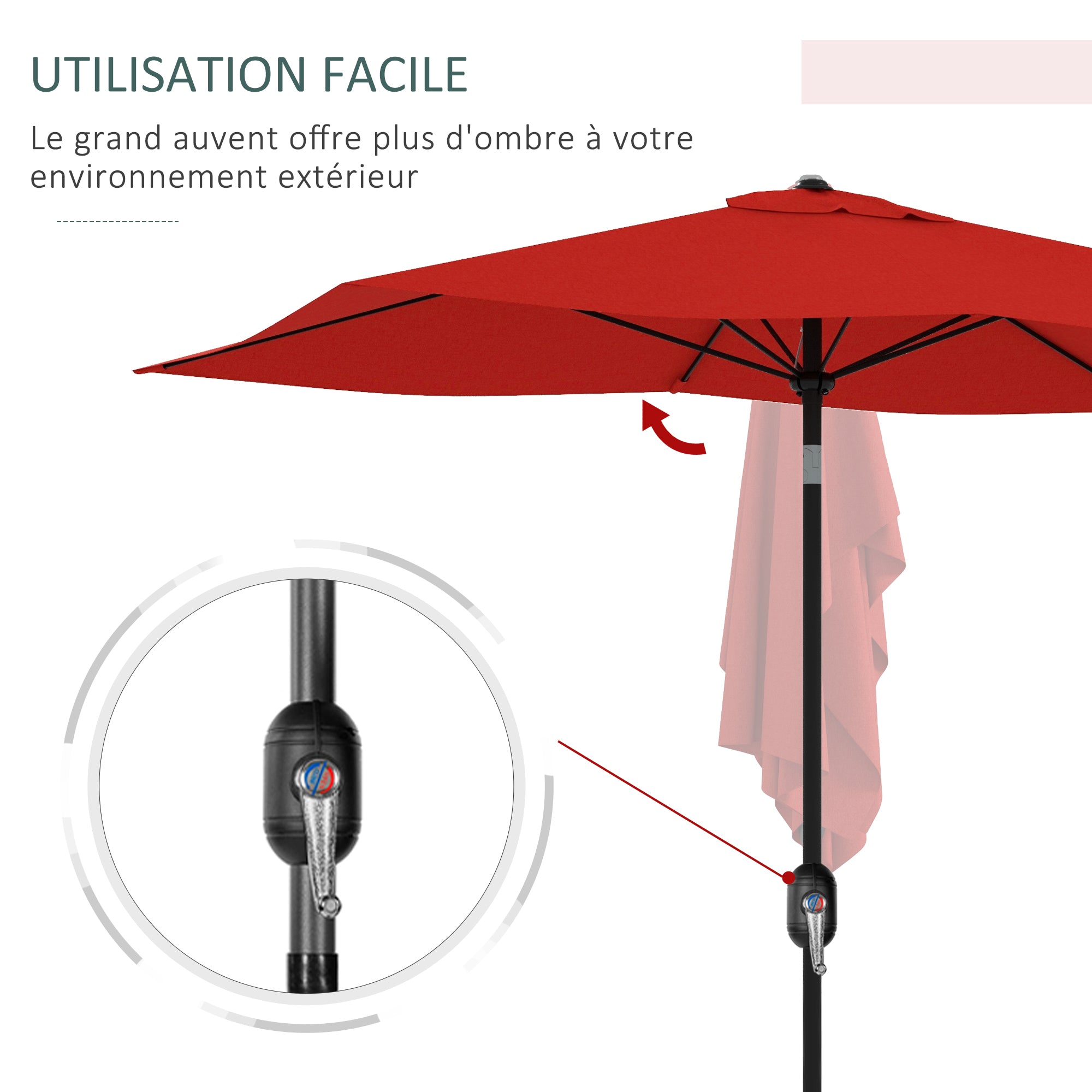 Rectangular Tilted Parasol 2 x 3m with Crank High Density Waterproof Polyester Fabric 180 g/m² - Red
