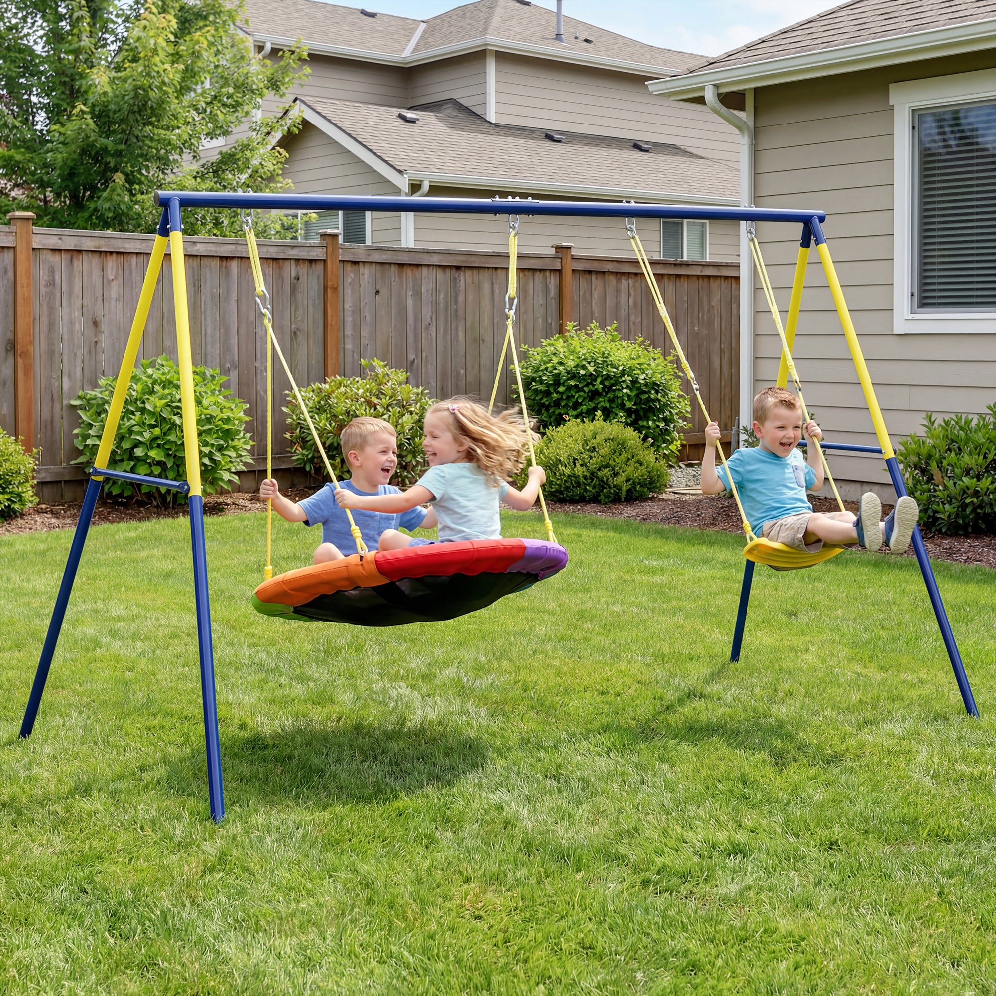 Kids Double Swing Set – Outdoor Playground with Adjustable Ropes, Metal Frame, Ages 3–8, 330 lb Capacity, Multicolor