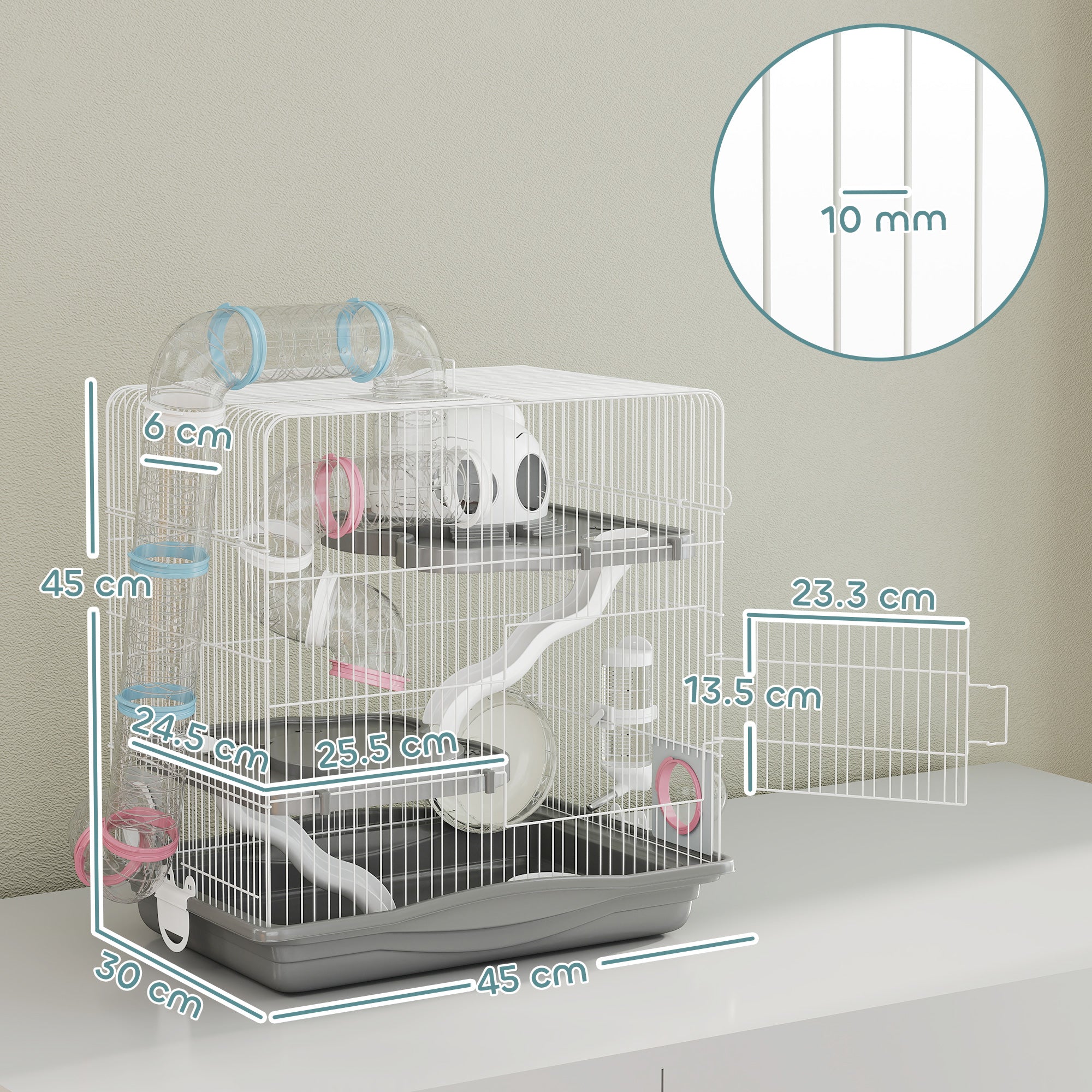 3-Level Hamster Cage with 14 Tubes, House, Ramp, Bowls, Water Bottle & Drip Tray — Metal & Plastic, 45 x 30 x 45 cm (17.7 x 11.8 x 17.7 in), Grey