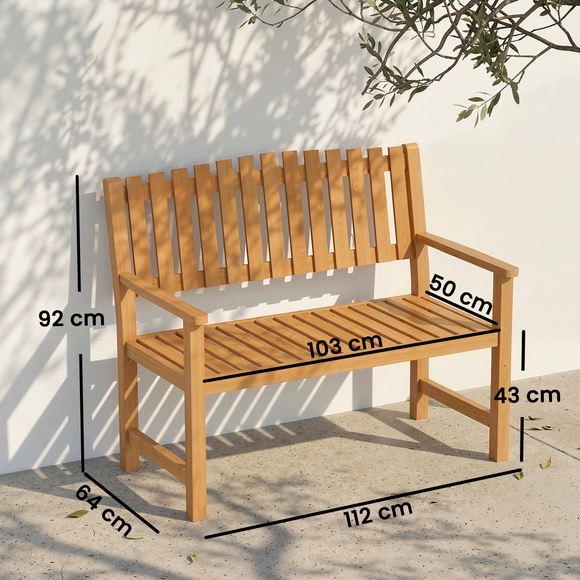 2-Seater Garden Bench | FSC Acacia Wood Slatted Seat with Armrests | Supports up to 320 kg (≈705 lb) | 112 x 64 x 92 cm (44.1 x 25.2 x 36.2 in) | Natural