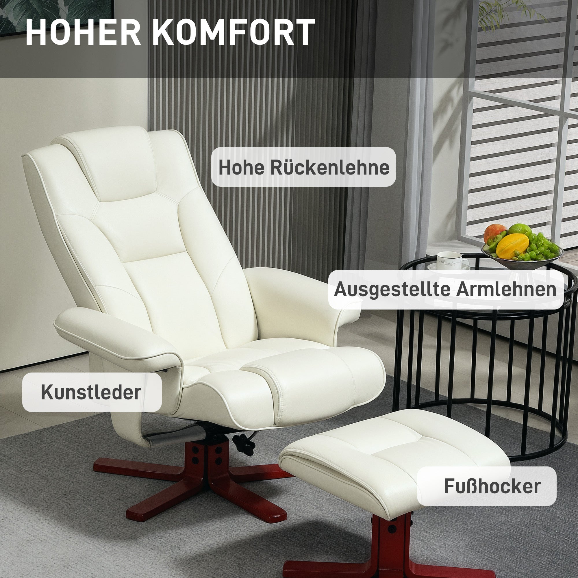 Reclining Chair with Footstool, TV Armchair with Reclining Function, Rocking Feature, Padded Recliner with Adjustable Backrest, up to 150 kg, for Living Room, Faux Leather, Cream White