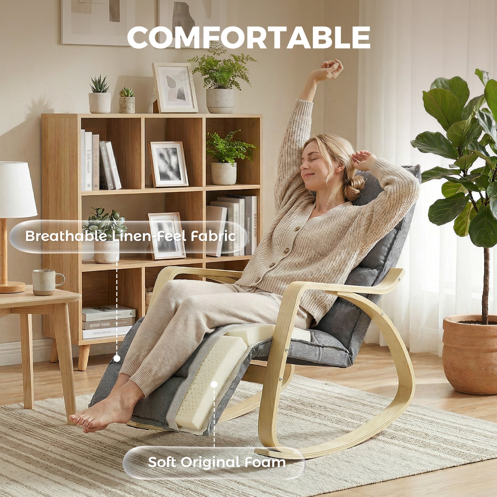 Rocking Recliner with 5-Position Adjustable Footrest, High Back, Linen-Look Upholstery — Gray