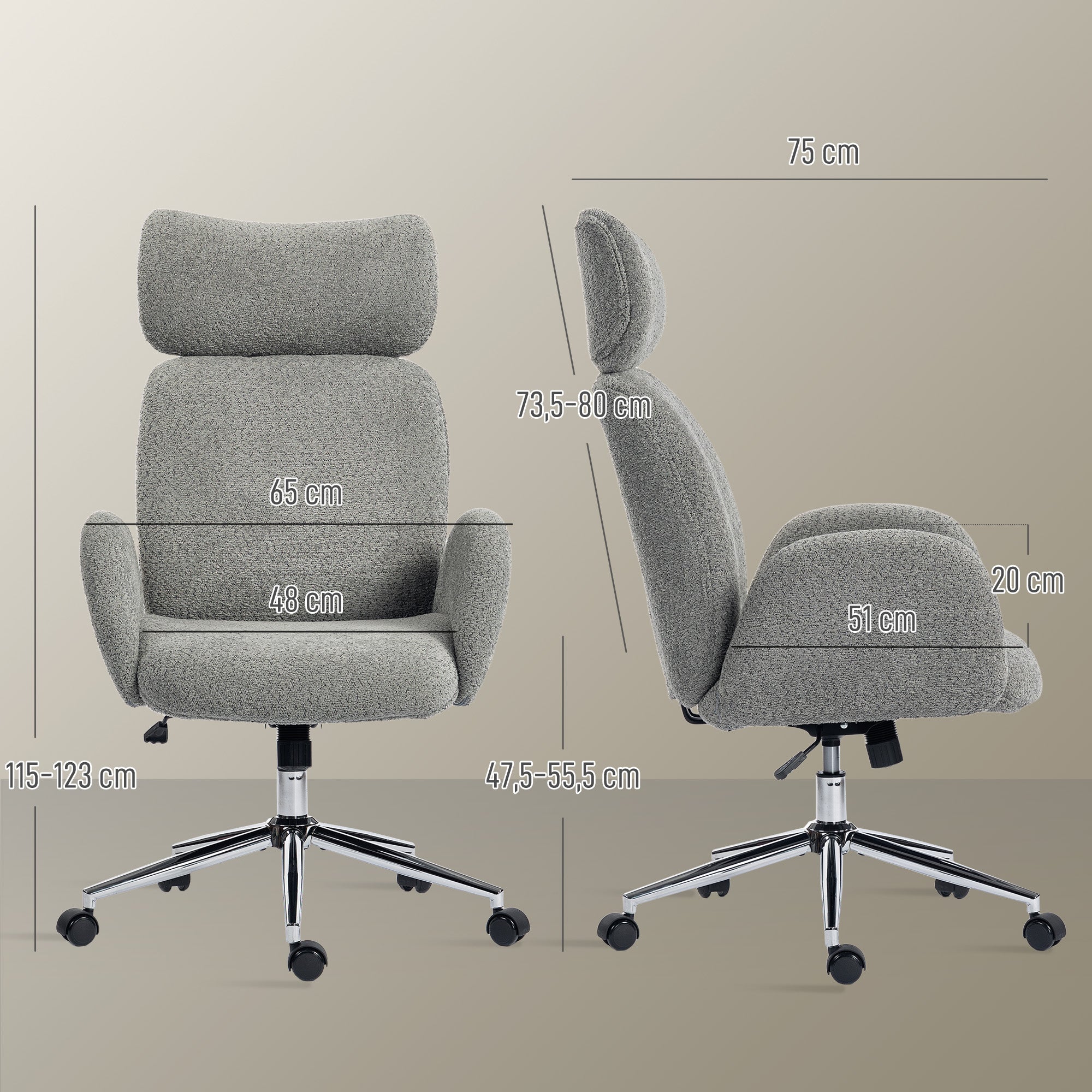 Bouclé Office Chair with Armrests — Adjustable Headrest, Height-Adjustable Swivel with Tilt, Dark Gray