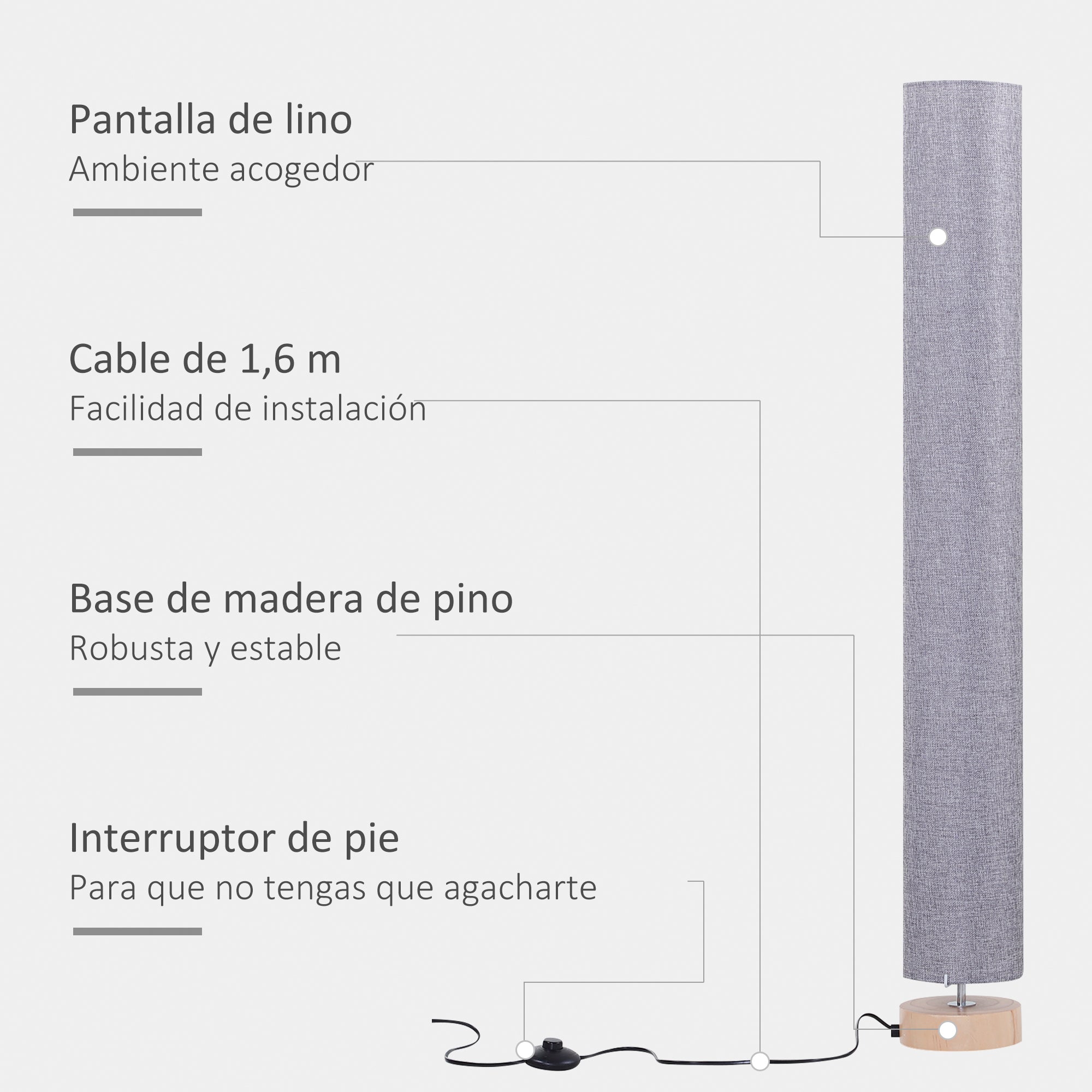Modern Floor Lamp Living Room Lamp with Max 40W E27 Linen Shade and Metal Frame for Bedroom Ø15x120 cm Gray