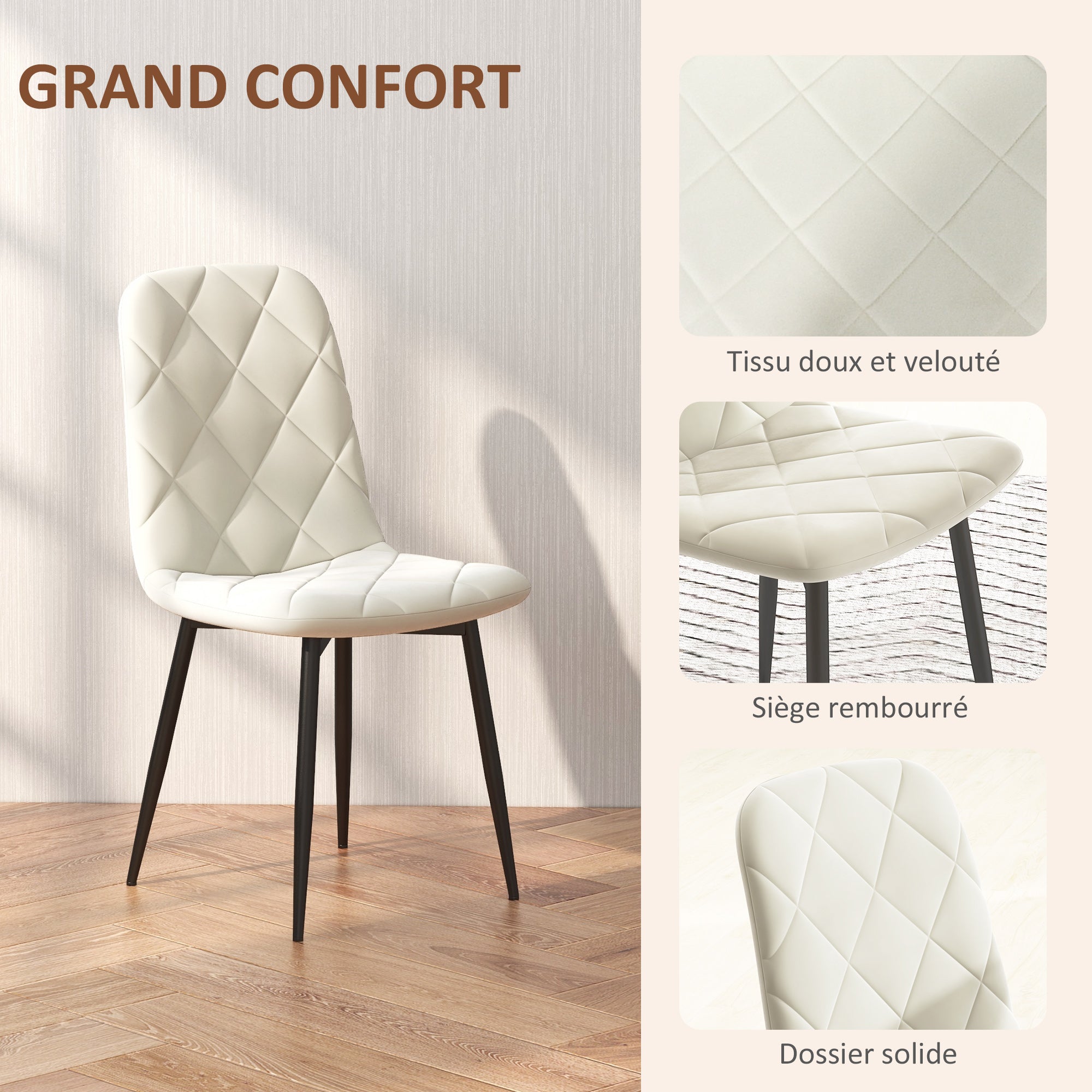 Set of 4 dining chairs, padded kitchen chairs with high backrest, steel legs and velvet effect fabric, for living room, bedroom, kitchen, cream