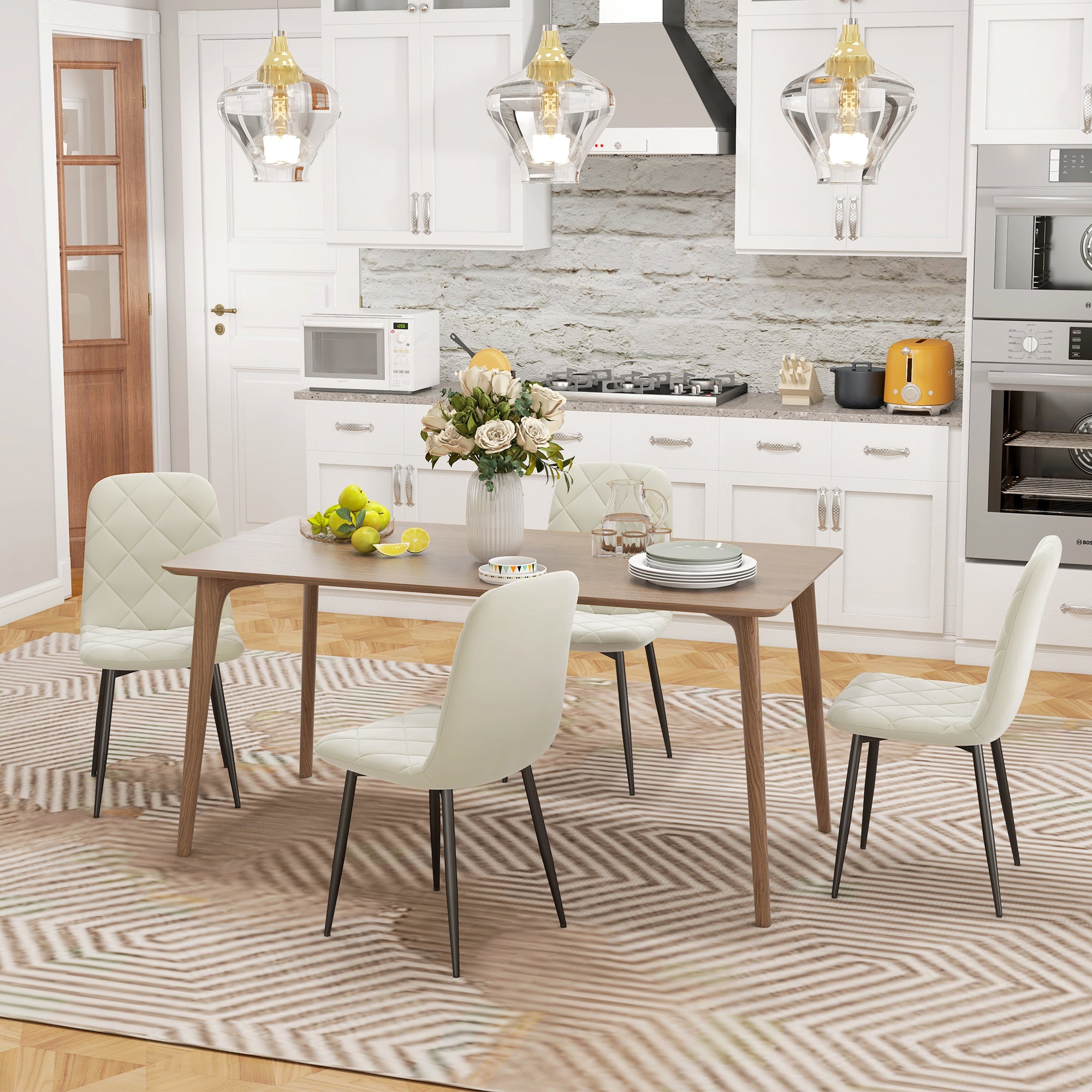 Set of 4 dining chairs, padded kitchen chairs with high backrest, steel legs and velvet effect fabric, for living room, bedroom, kitchen, cream