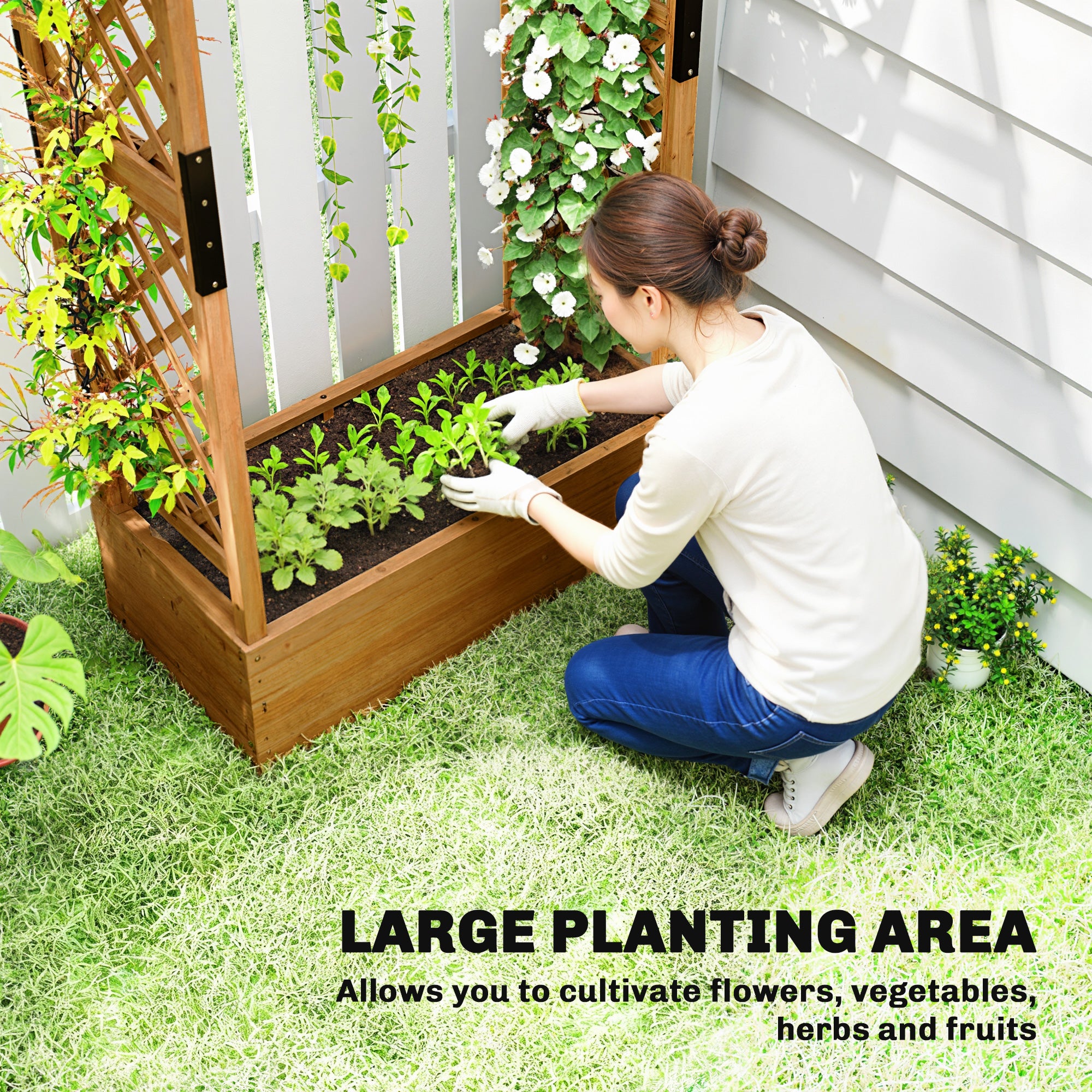 Raised Bed with Trellis & Hanging Roof — Wooden Planter Box with Climbing Support and Drainage Holes, for Garden & Balcony, 110 × 44 × 181 cm (43.3 × 17.3 × 71.3 in)