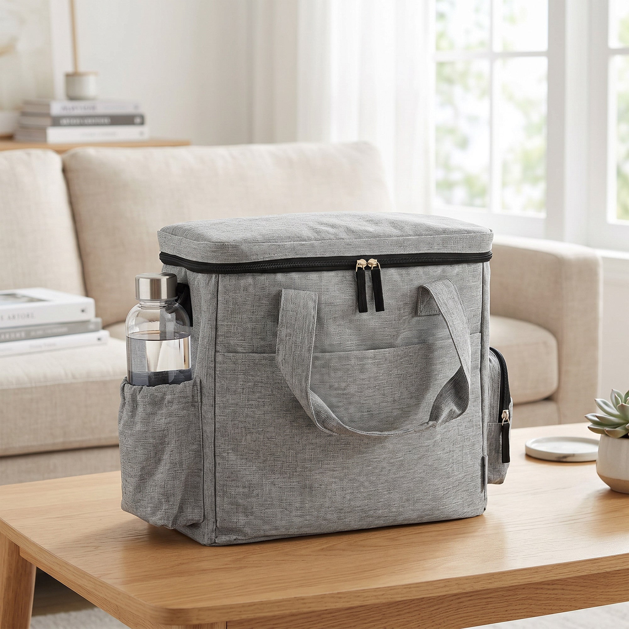 Dog Travel Treat Bag with 2 Insulated Food Containers & Collapsible Silicone Bowl, Pockets, Adjustable Divider — Portable Durable Light Gray