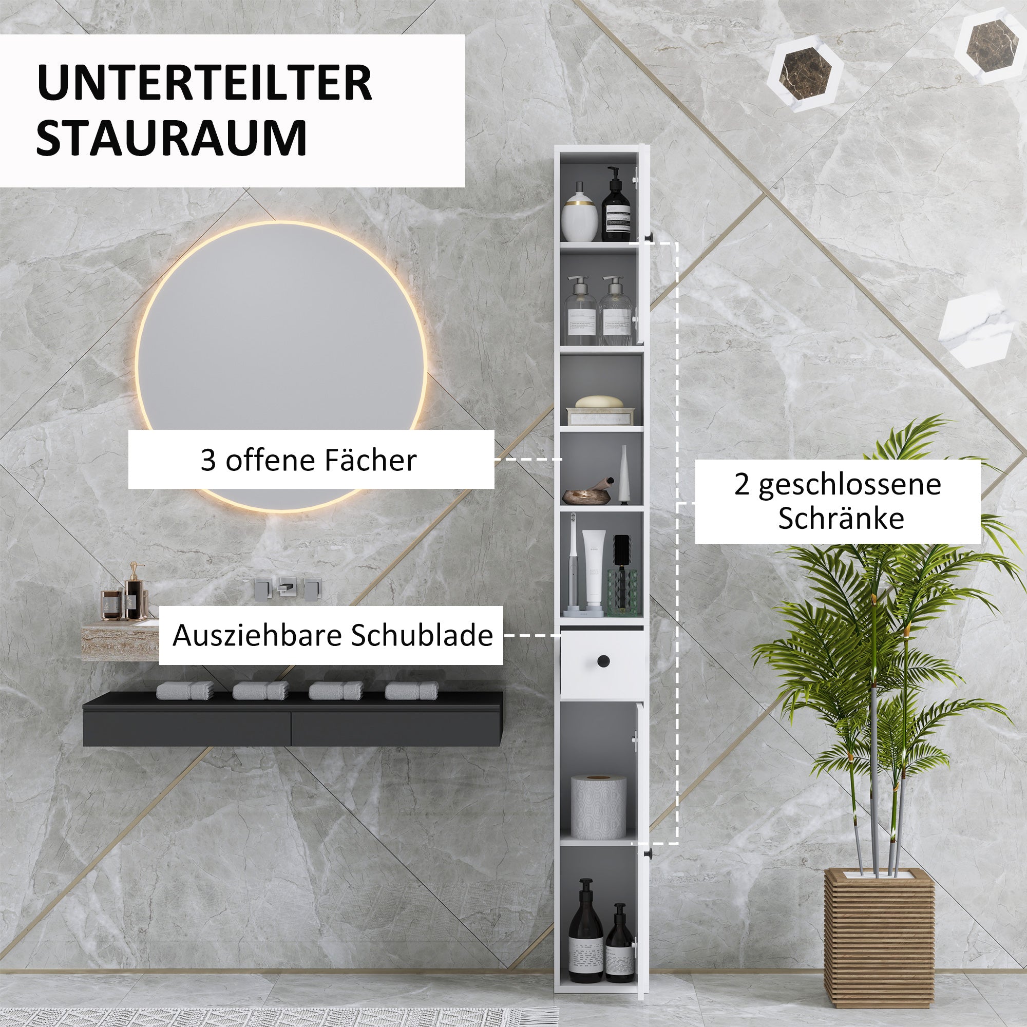 Bathroom Cabinet Slim, Tall Toilet Cabinet with Drawer, 3 Open Compartments, Adjustable Shelf, Bathroom Cabinet for Small Spaces, Bathroom, Living Room 20 x 20 x 178 cm White