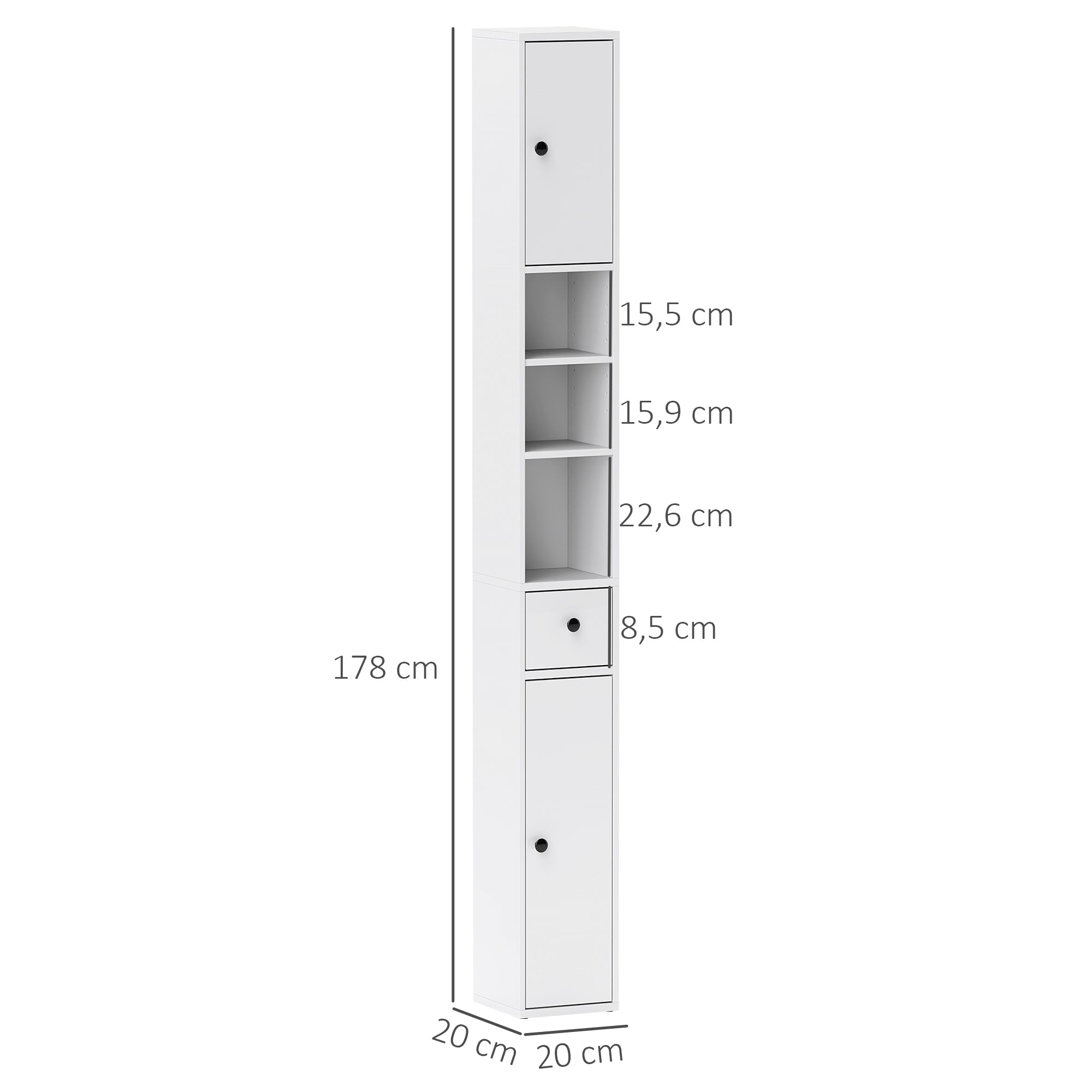 Bathroom Cabinet Slim, Tall Toilet Cabinet with Drawer, 3 Open Compartments, Adjustable Shelf, Bathroom Cabinet for Small Spaces, Bathroom, Living Room 20 x 20 x 178 cm White