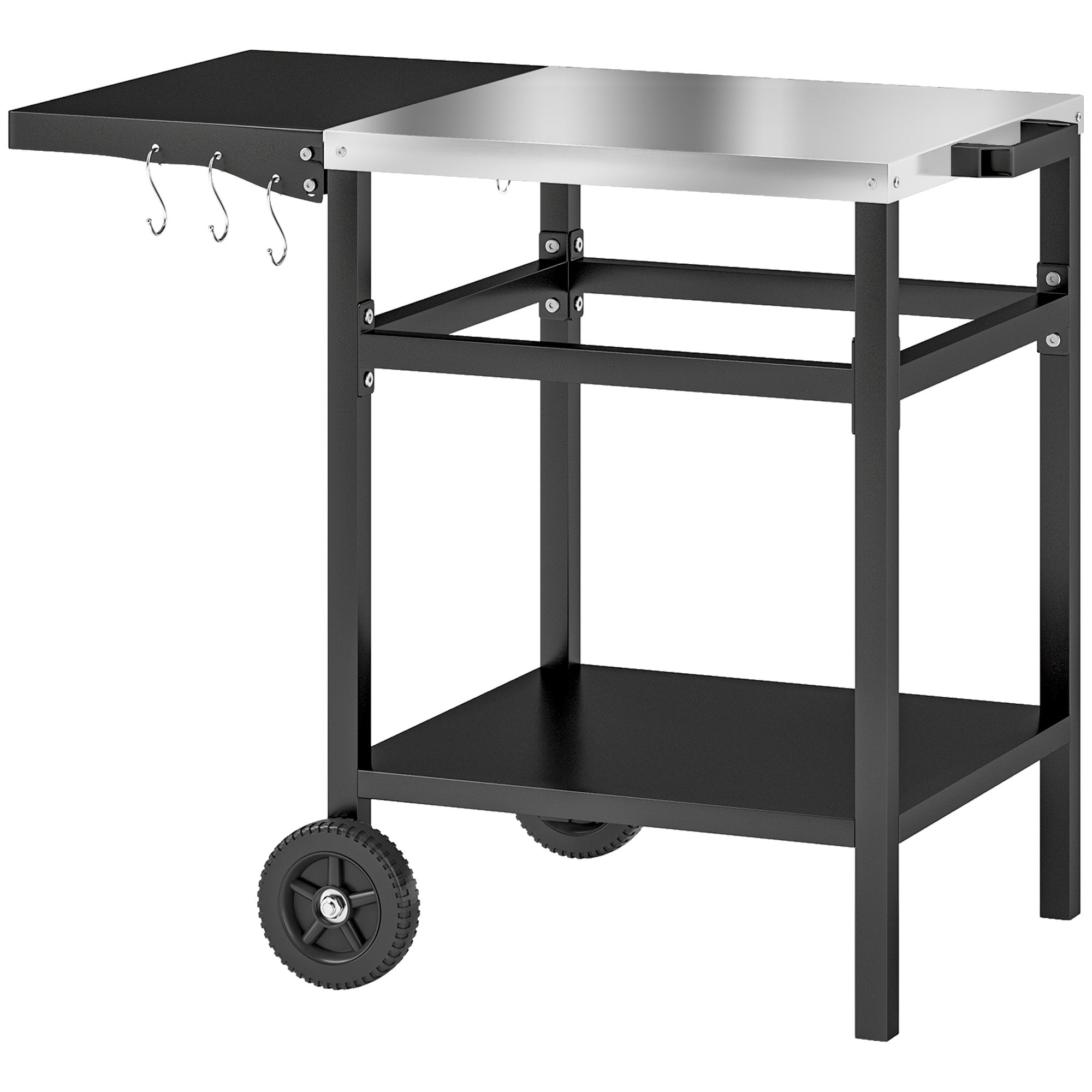 Barbecue Cart with Stainless Steel Top and Foldable Shelf, Outdoor Kitchen Table for Pizza Oven with Wheels, Handle, 6 Hooks, and Protective Cover, 91x58x76 cm, Black