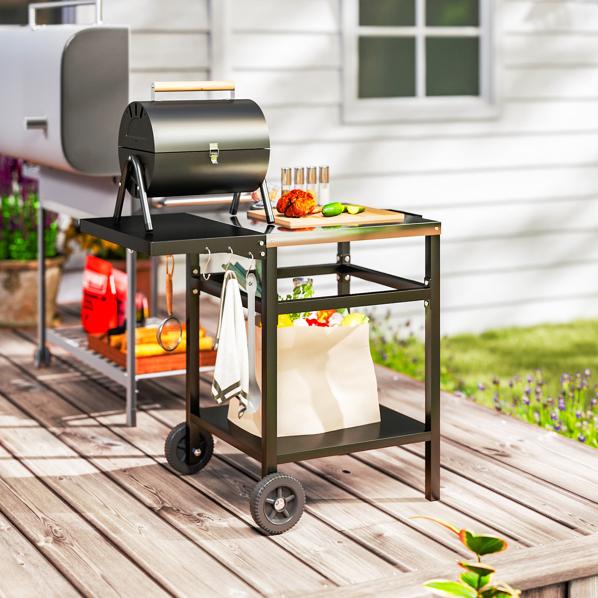 Barbecue Cart with Stainless Steel Top and Foldable Shelf, Outdoor Kitchen Table for Pizza Oven with Wheels, Handle, 6 Hooks, and Protective Cover, 91x58x76 cm, Black