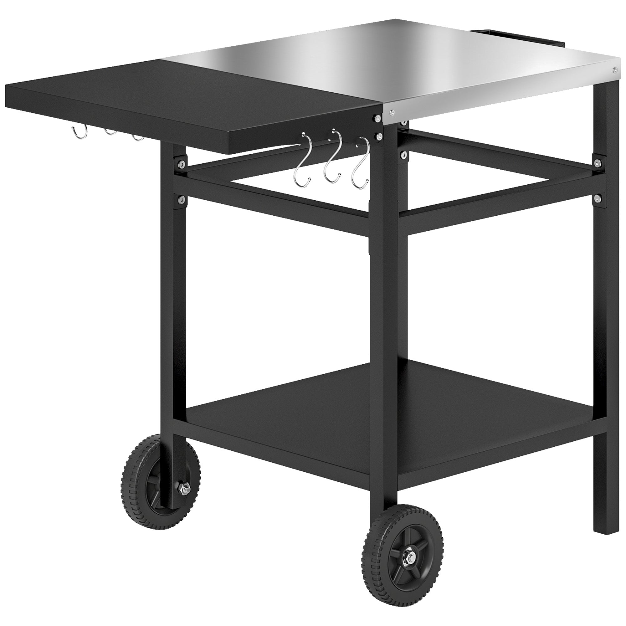 Barbecue Cart with Stainless Steel Top and Foldable Shelf, Outdoor Kitchen Table for Pizza Oven with Wheels, Handle, 6 Hooks, and Protective Cover, 91x58x76 cm, Black