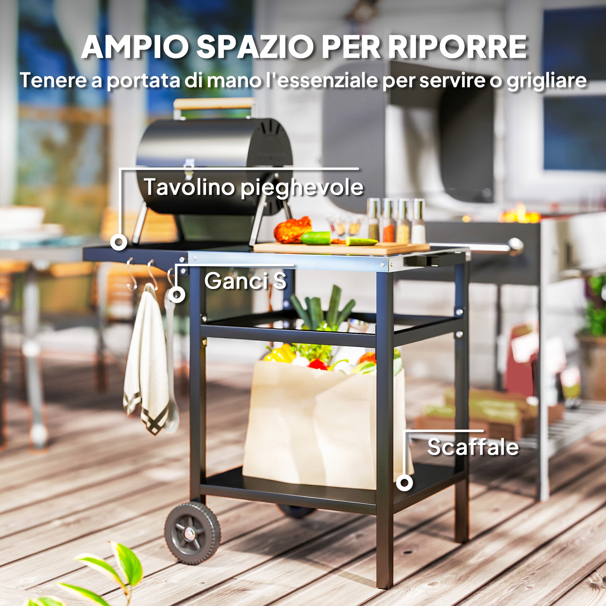 Barbecue Cart with Stainless Steel Top and Foldable Shelf, Outdoor Kitchen Table for Pizza Oven with Wheels, Handle, 6 Hooks, and Protective Cover, 91x58x76 cm, Black