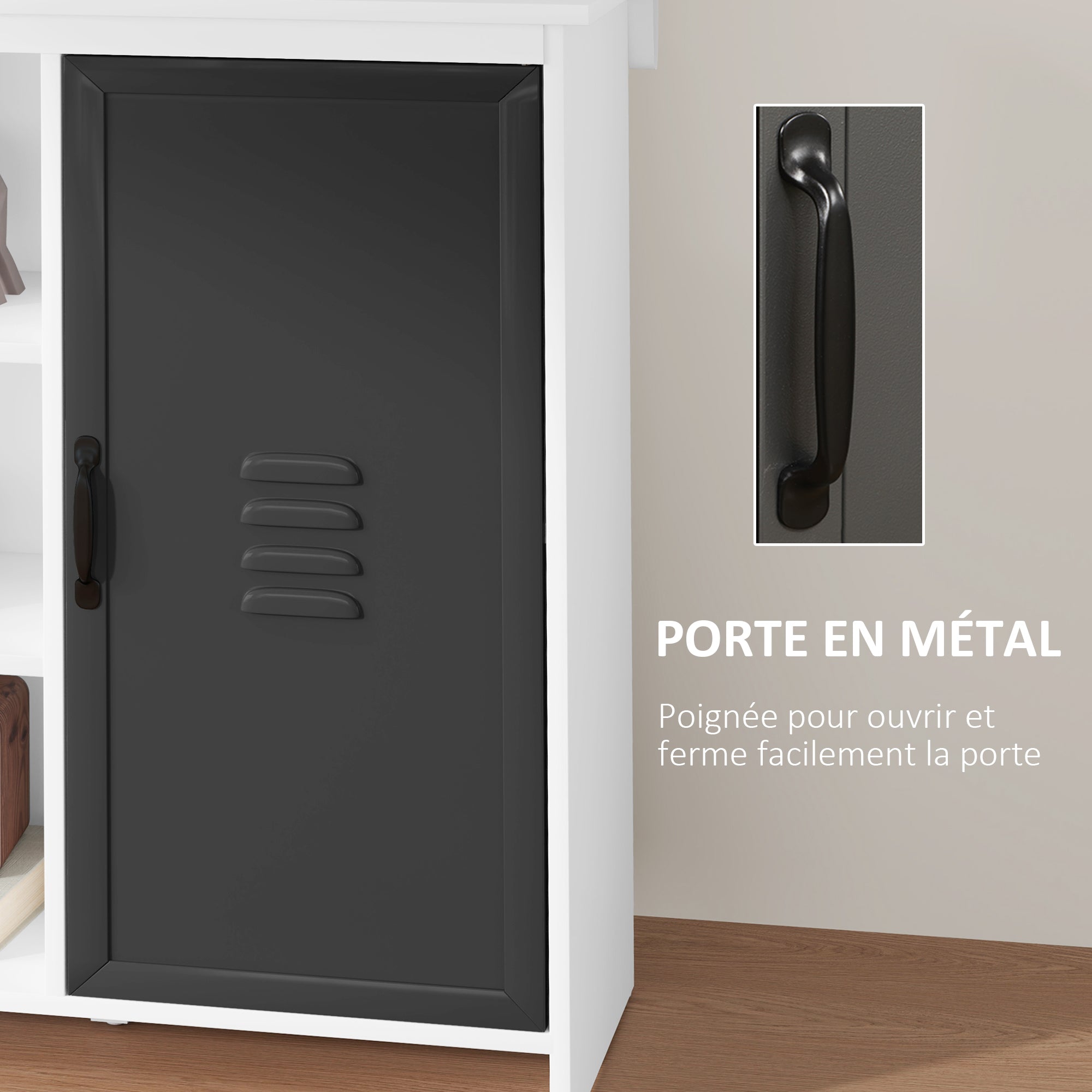 Modern Buffet - Storage Unit on Feet 3 Niches Cupboard - in Wood and Gray Metal Door