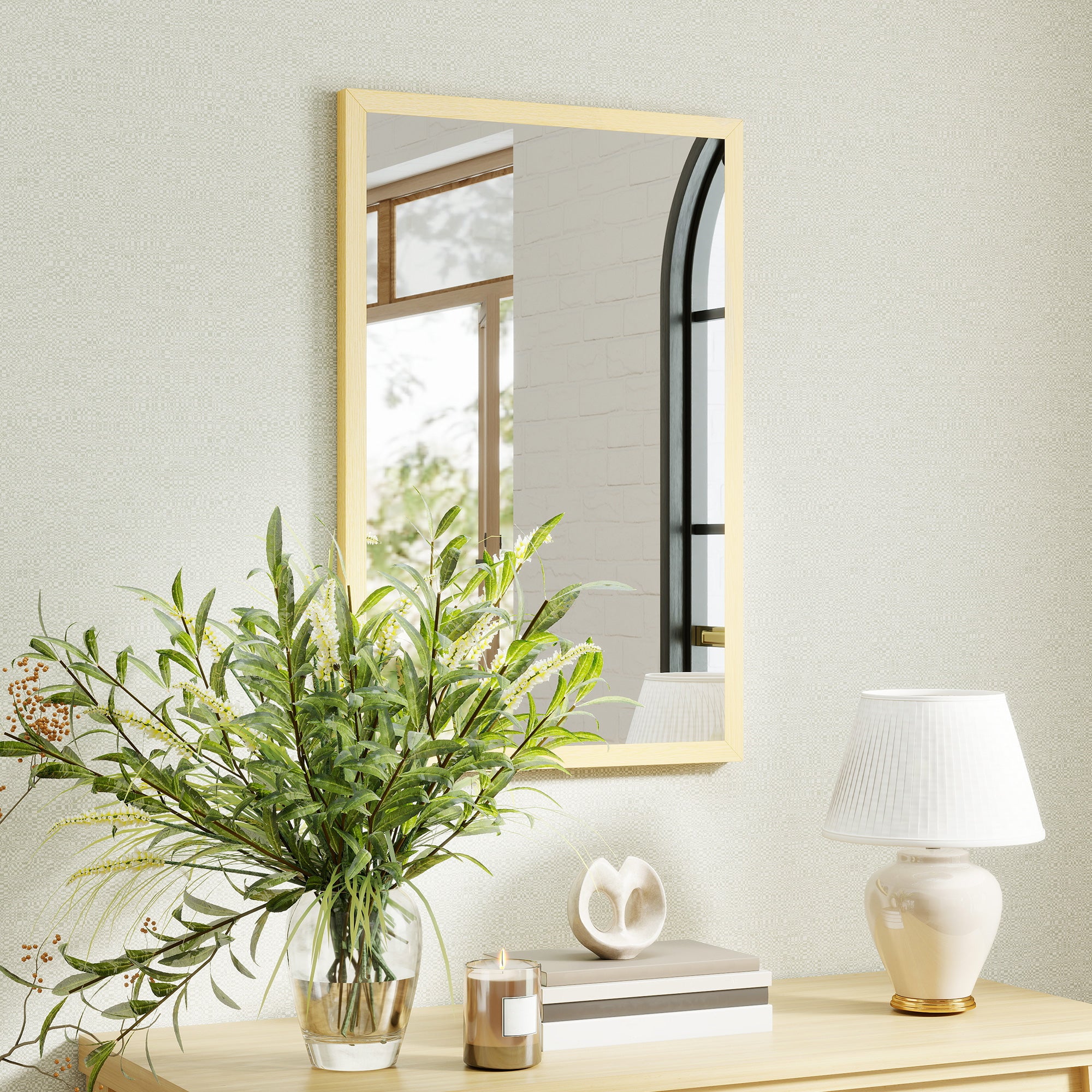 Rectangular Wall Mirror 23.6 x 15.7 in, Natural Wood Frame — Ideal for Bathroom, Living Room or Bedroom