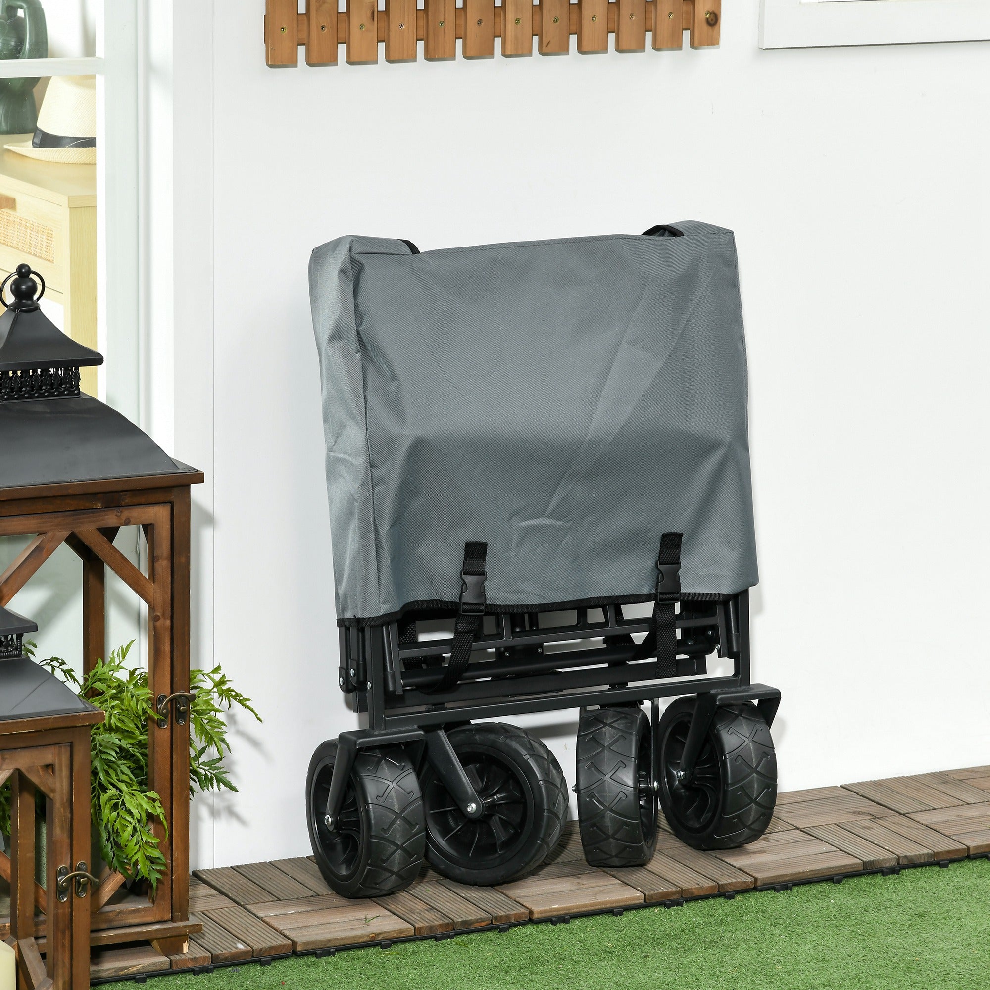 Folding Wagon Transport Cart with Cooler, Beach Cart with Extendable Handle, Garden Wagon up to 100 kg Load Capacity, Oxford, Dark Gray