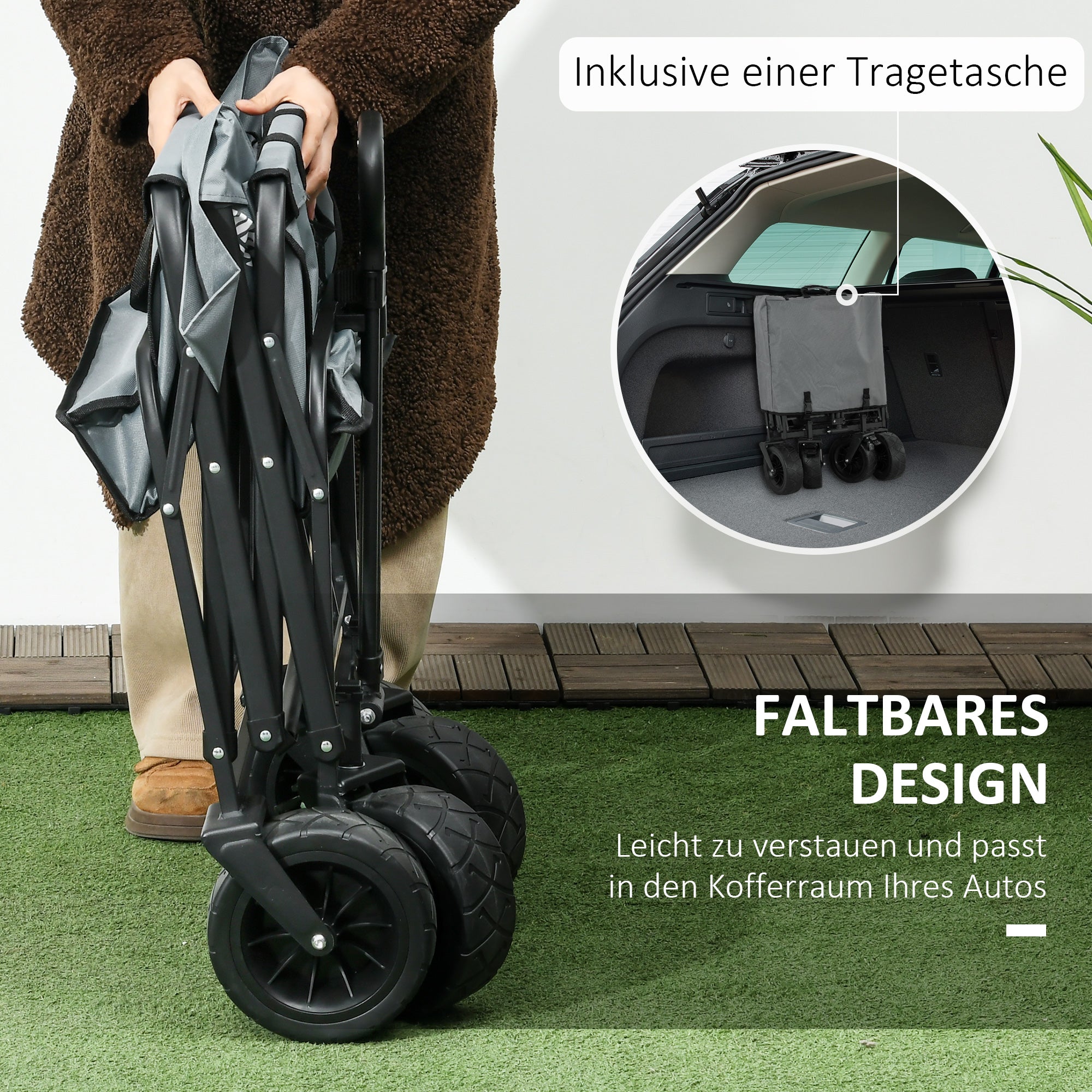 Folding Wagon Transport Cart with Cooler, Beach Cart with Extendable Handle, Garden Wagon up to 100 kg Load Capacity, Oxford, Dark Gray