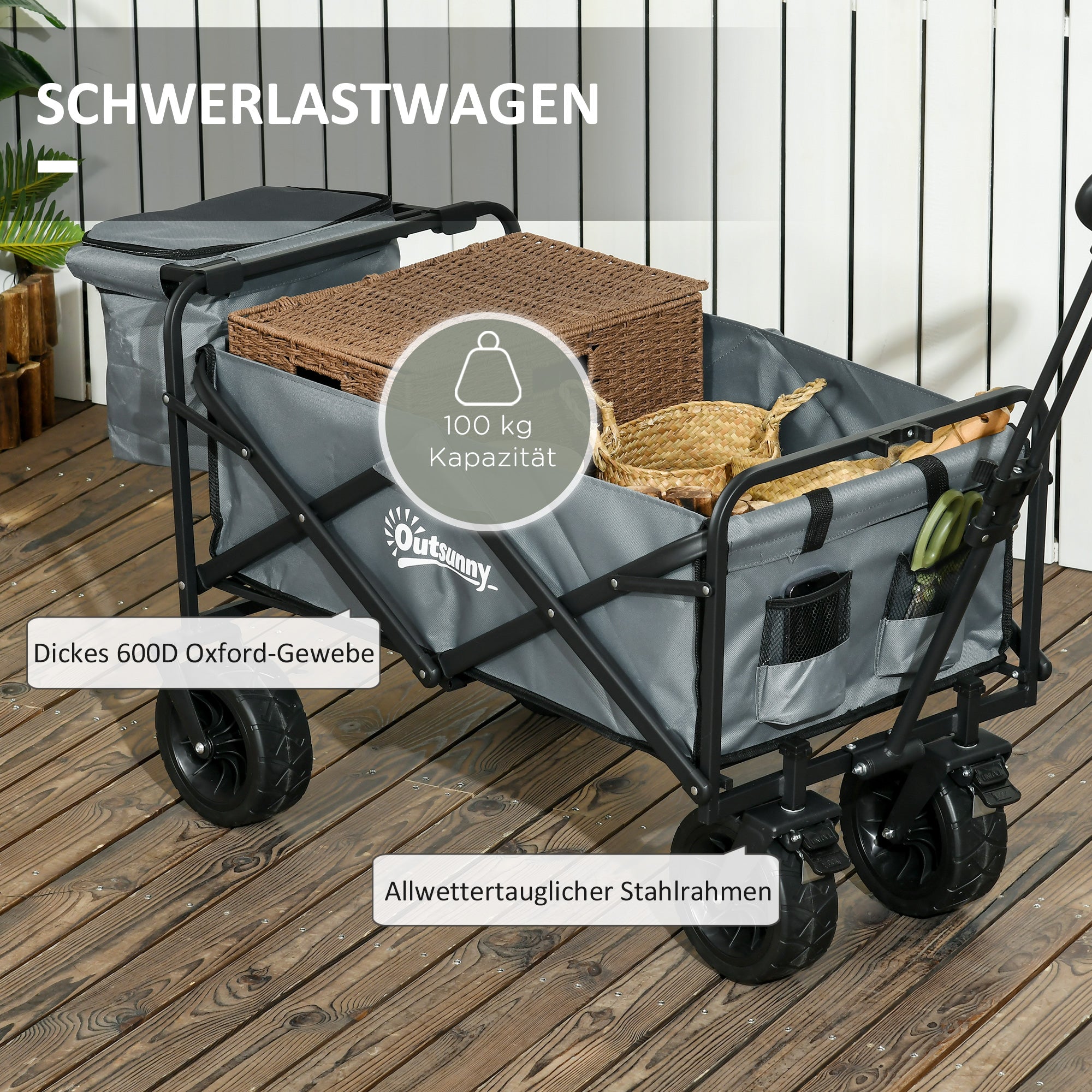 Folding Wagon Transport Cart with Cooler, Beach Cart with Extendable Handle, Garden Wagon up to 100 kg Load Capacity, Oxford, Dark Gray