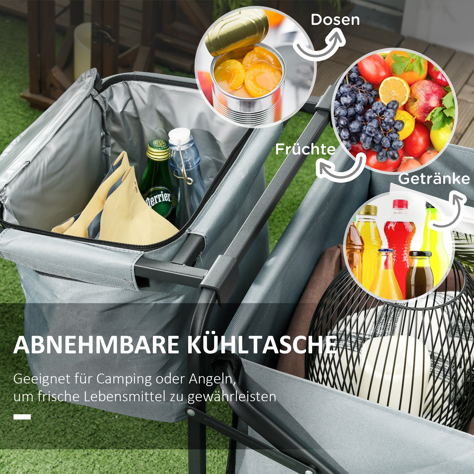 Folding Wagon Transport Cart with Cooler, Beach Cart with Extendable Handle, Garden Wagon up to 100 kg Load Capacity, Oxford, Dark Gray