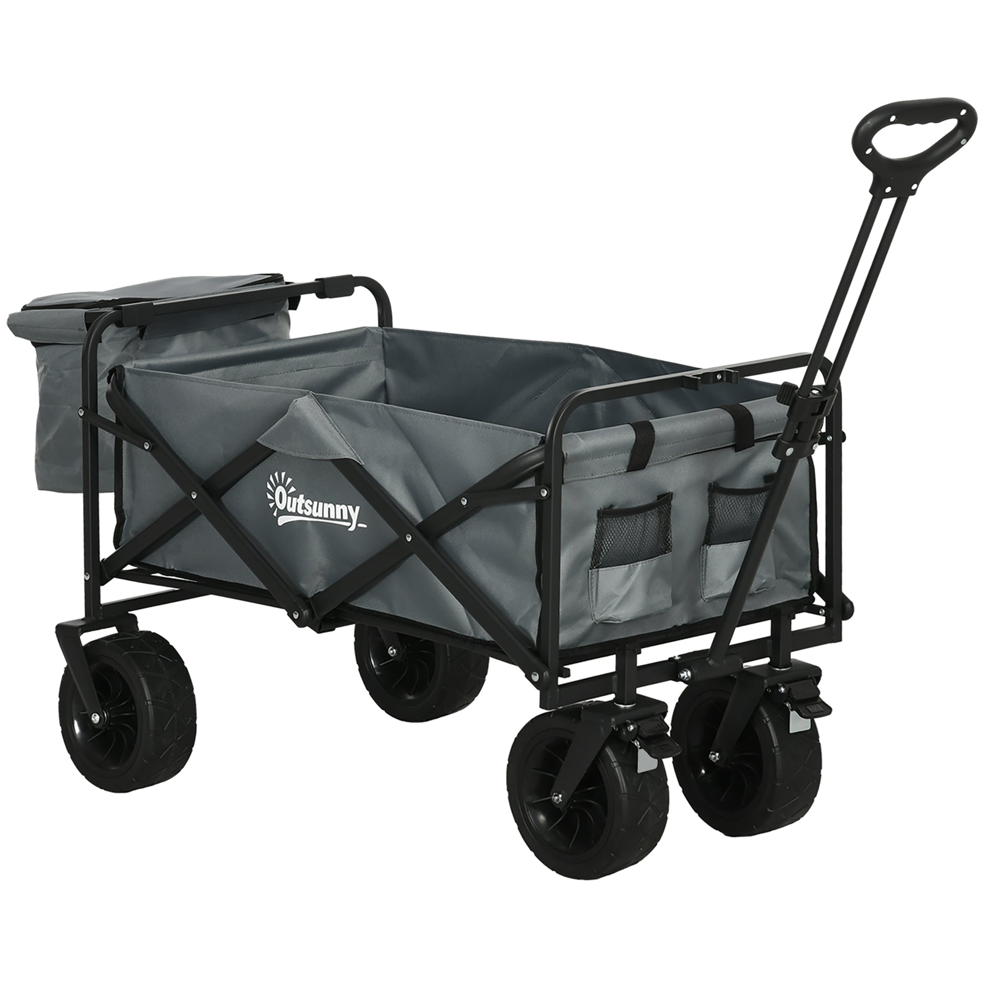 Folding Wagon Transport Cart with Cooler, Beach Cart with Extendable Handle, Garden Wagon up to 100 kg Load Capacity, Oxford, Dark Gray