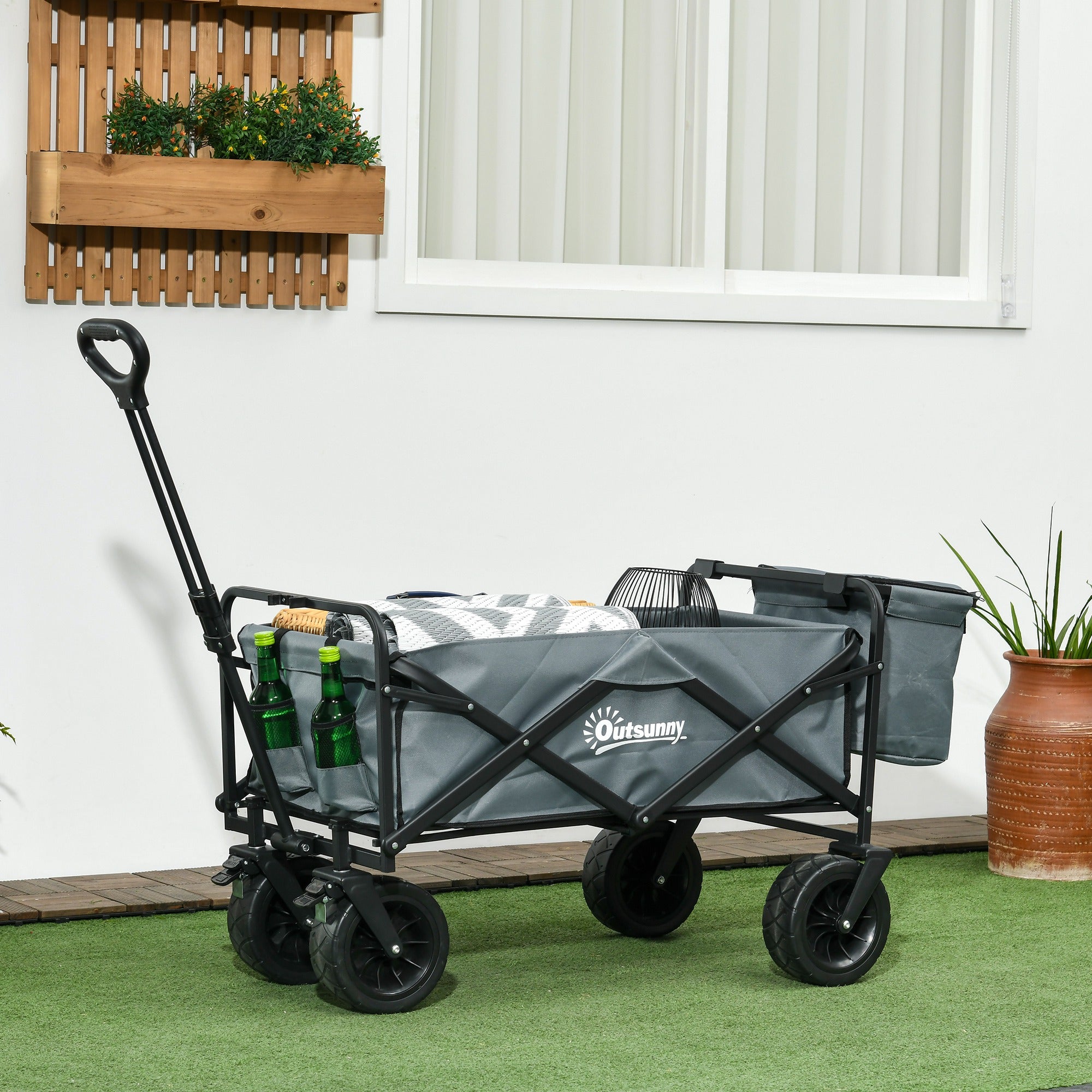 Folding Wagon Transport Cart with Cooler, Beach Cart with Extendable Handle, Garden Wagon up to 100 kg Load Capacity, Oxford, Dark Gray