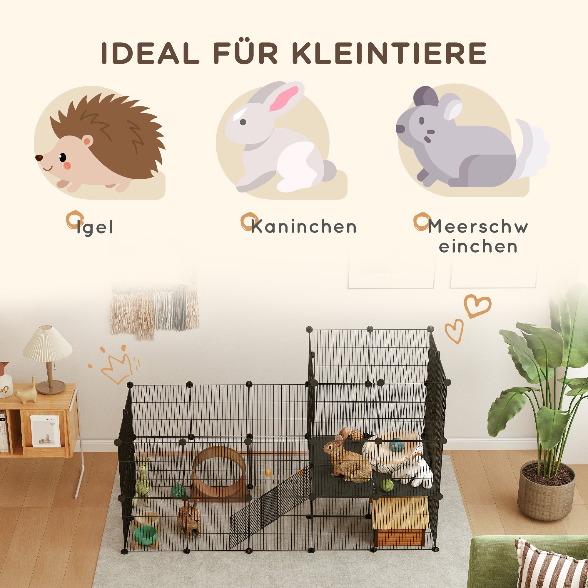 Outdoor Rabbit Cage with Wire Ramp, Small Animal Cage for Guinea Pigs, Hamsters, Rabbits, 140 x 70 x 105 cm, Black