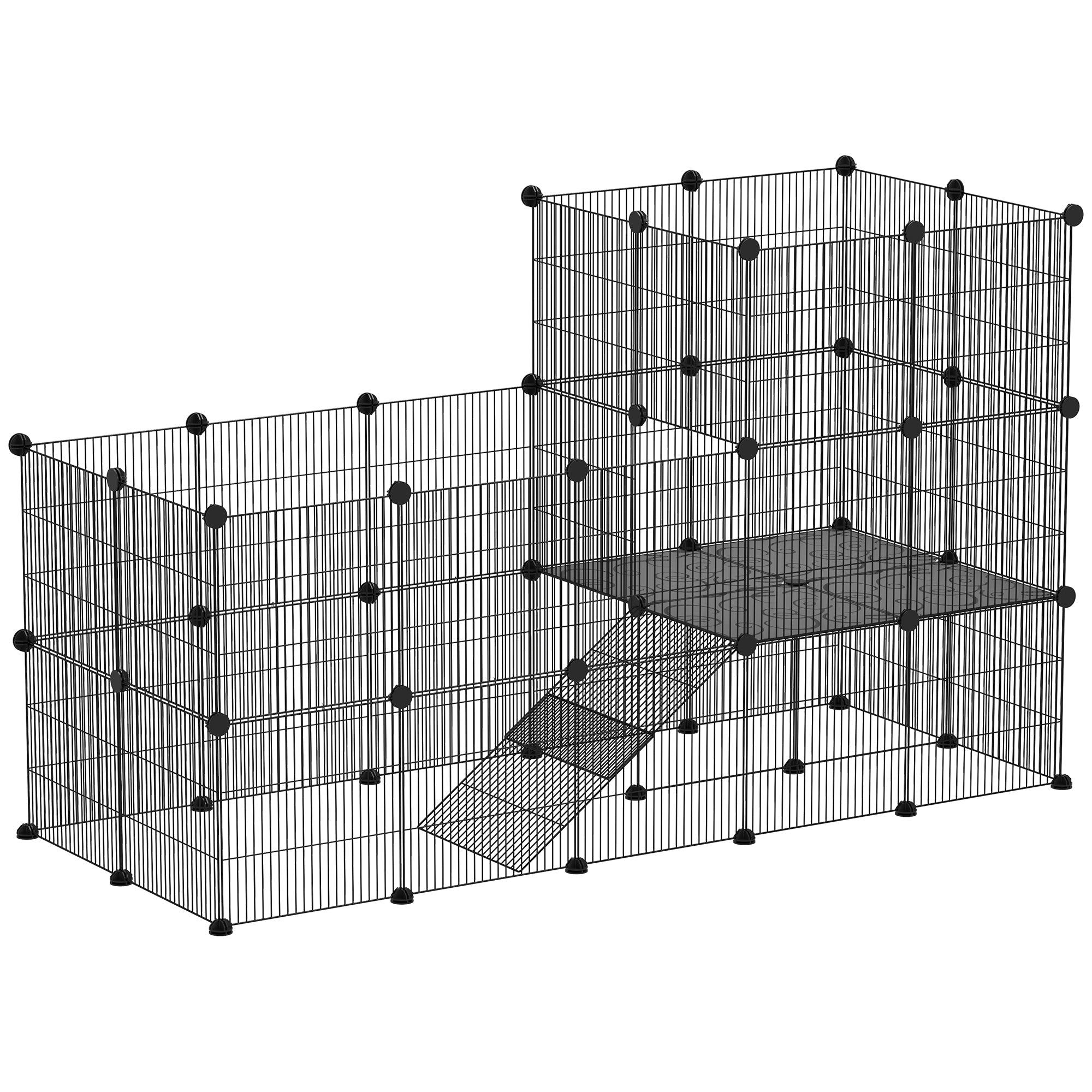 Outdoor Rabbit Cage with Wire Ramp, Small Animal Cage for Guinea Pigs, Hamsters, Rabbits, 140 x 70 x 105 cm, Black