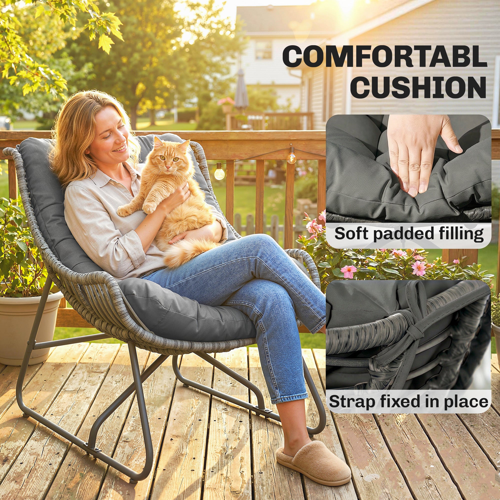 Rattan Armchair with Thick Cushion, Steel Frame Polyrattan Outdoor Armchair, Wicker Chair up to 265 lb, Garden Chair for Patio Balcony Terrace - Dark Gray