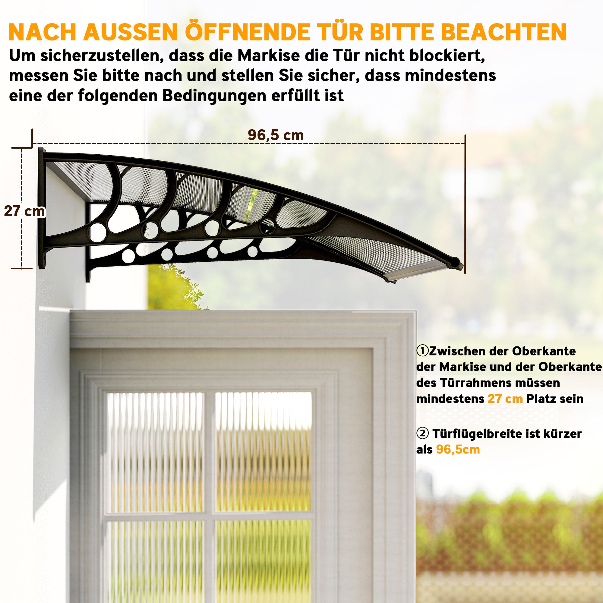 Lean-To Canopy Awning for Front Door 103 x 96.5 x 27 cm Cover with UV Protection, Rain Protection Sun Protection for Outdoor Aluminum Transparent