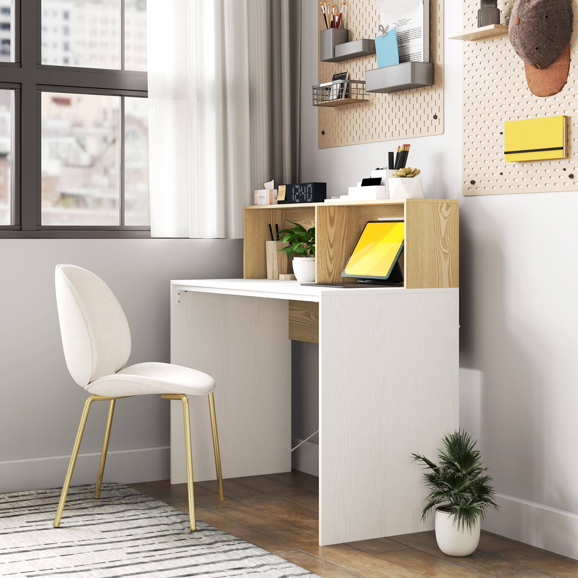 Computer Desk with Storage Table 110 x 50 cm with 2 Open Compartments and Shelf, Computer Desk for Bedroom, Small Spaces, White and Natural