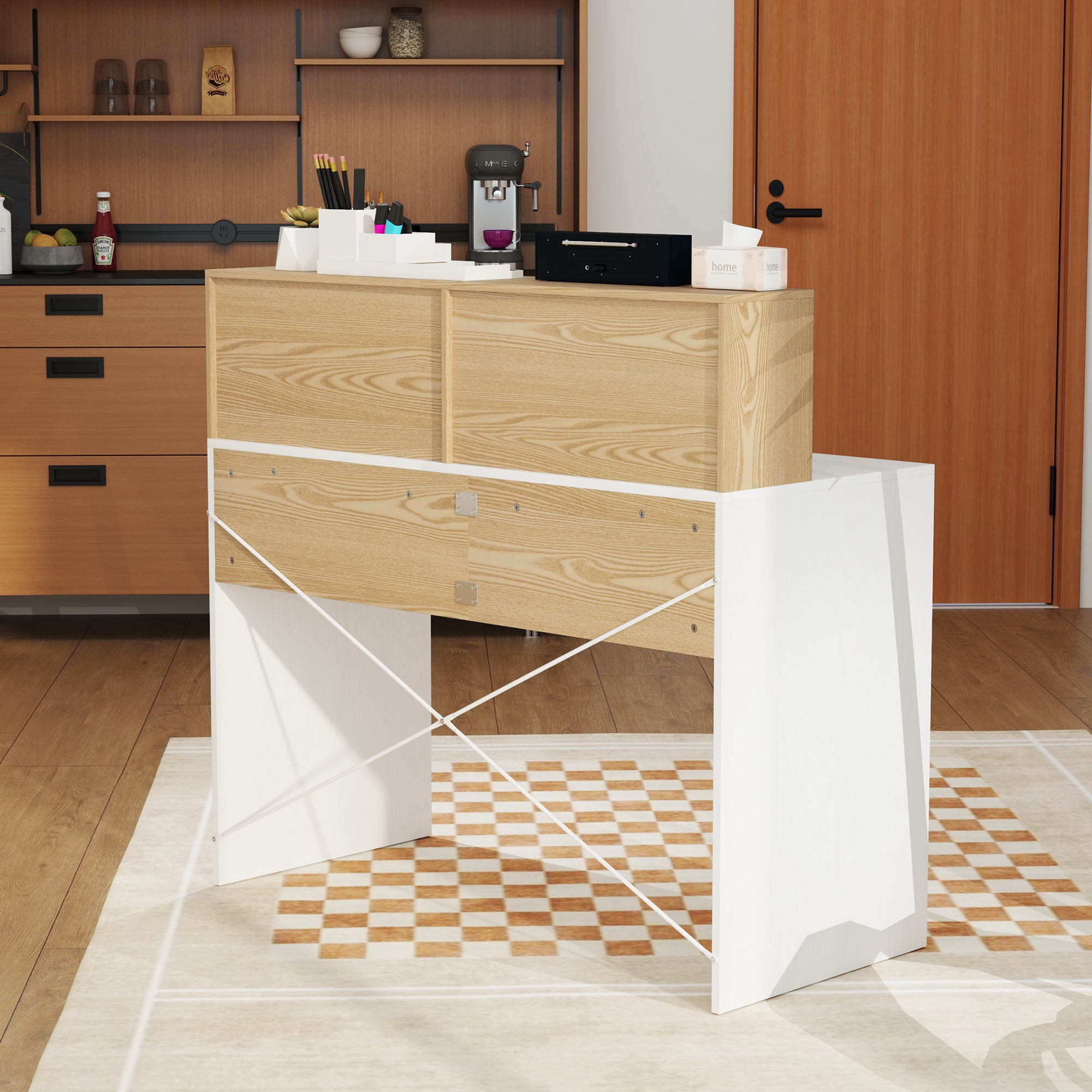 Computer Desk with Storage Table 110 x 50 cm with 2 Open Compartments and Shelf, Computer Desk for Bedroom, Small Spaces, White and Natural