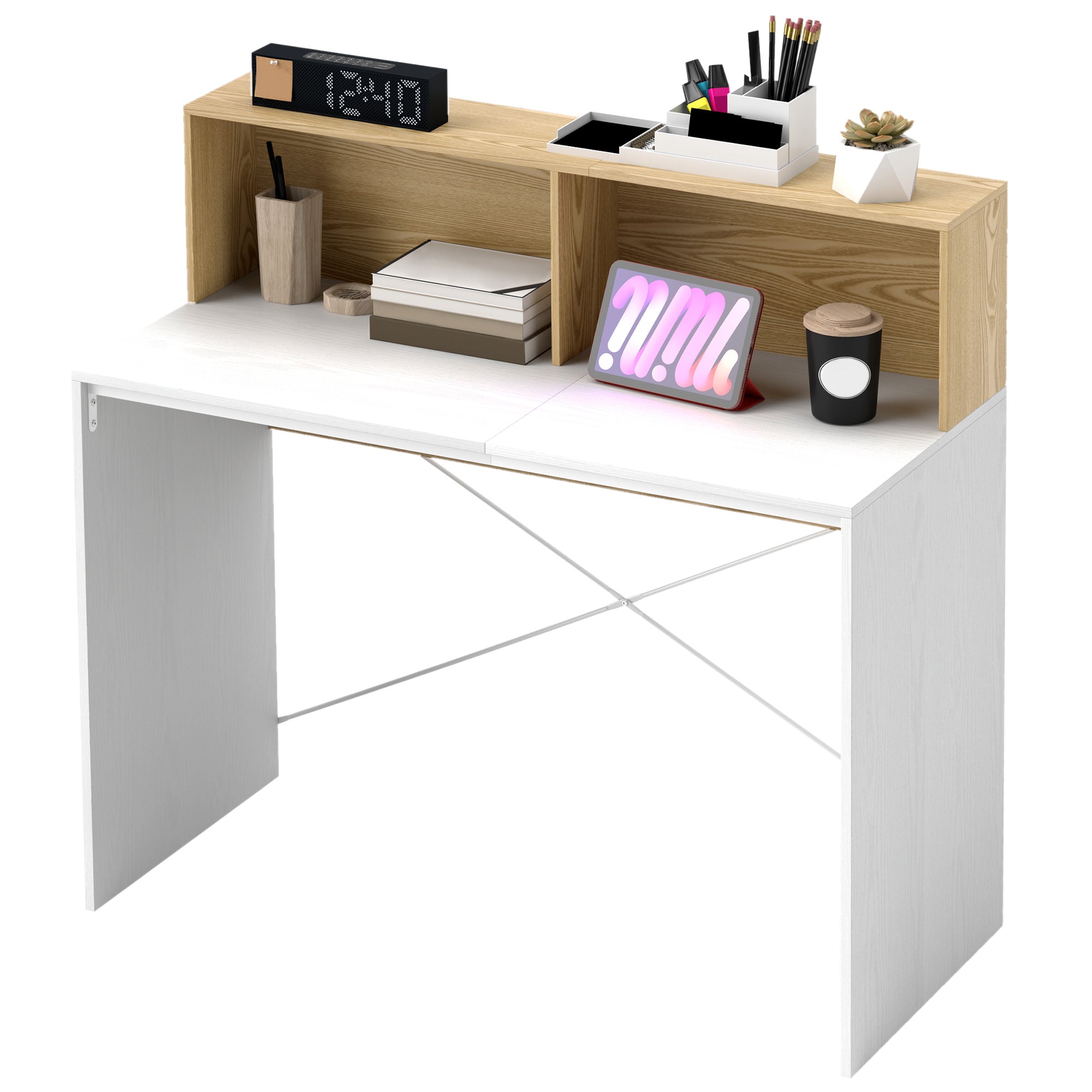 Computer Desk with Storage Table 110 x 50 cm with 2 Open Compartments and Shelf, Computer Desk for Bedroom, Small Spaces, White and Natural