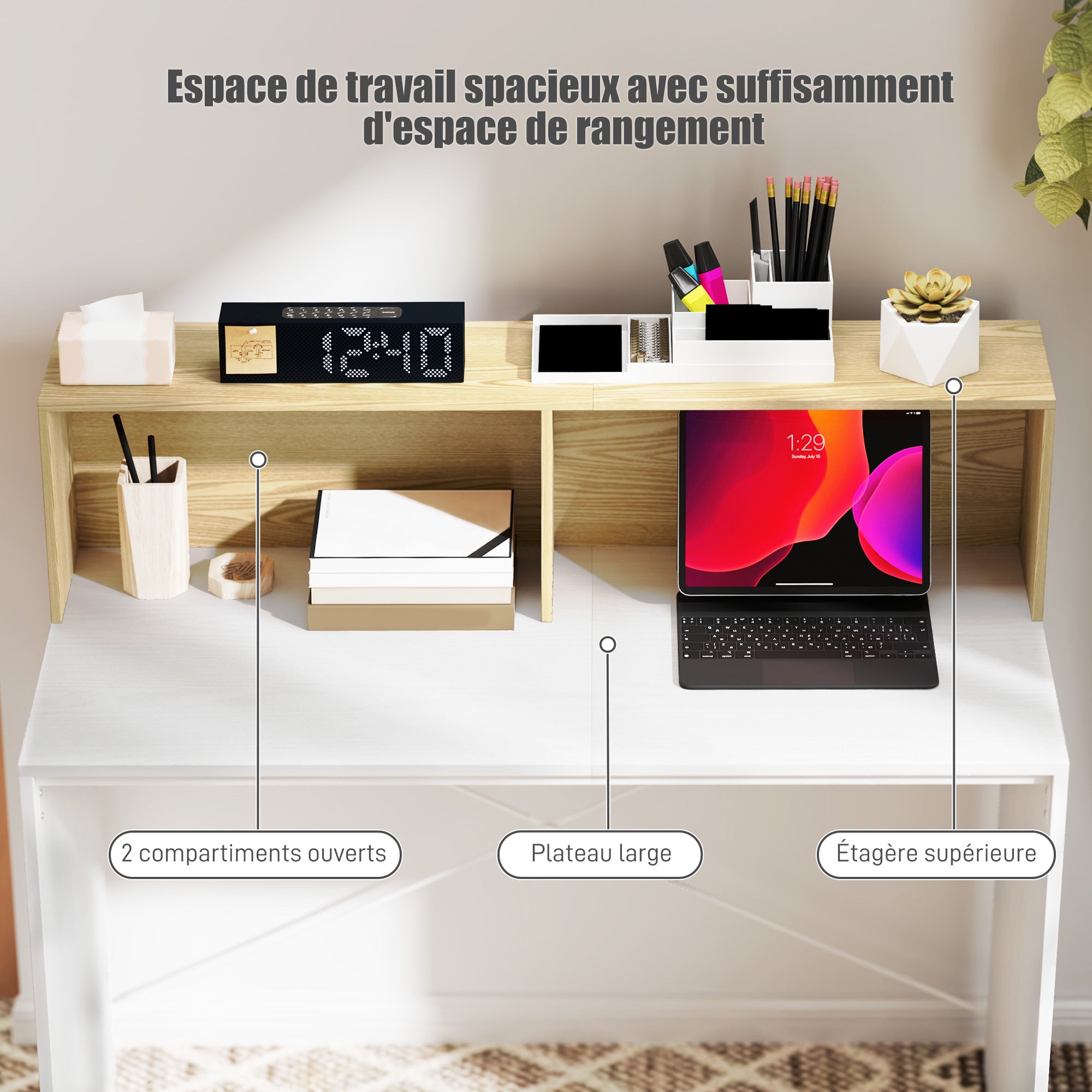 Computer Desk with Storage Table 110 x 50 cm with 2 Open Compartments and Shelf, Computer Desk for Bedroom, Small Spaces, White and Natural