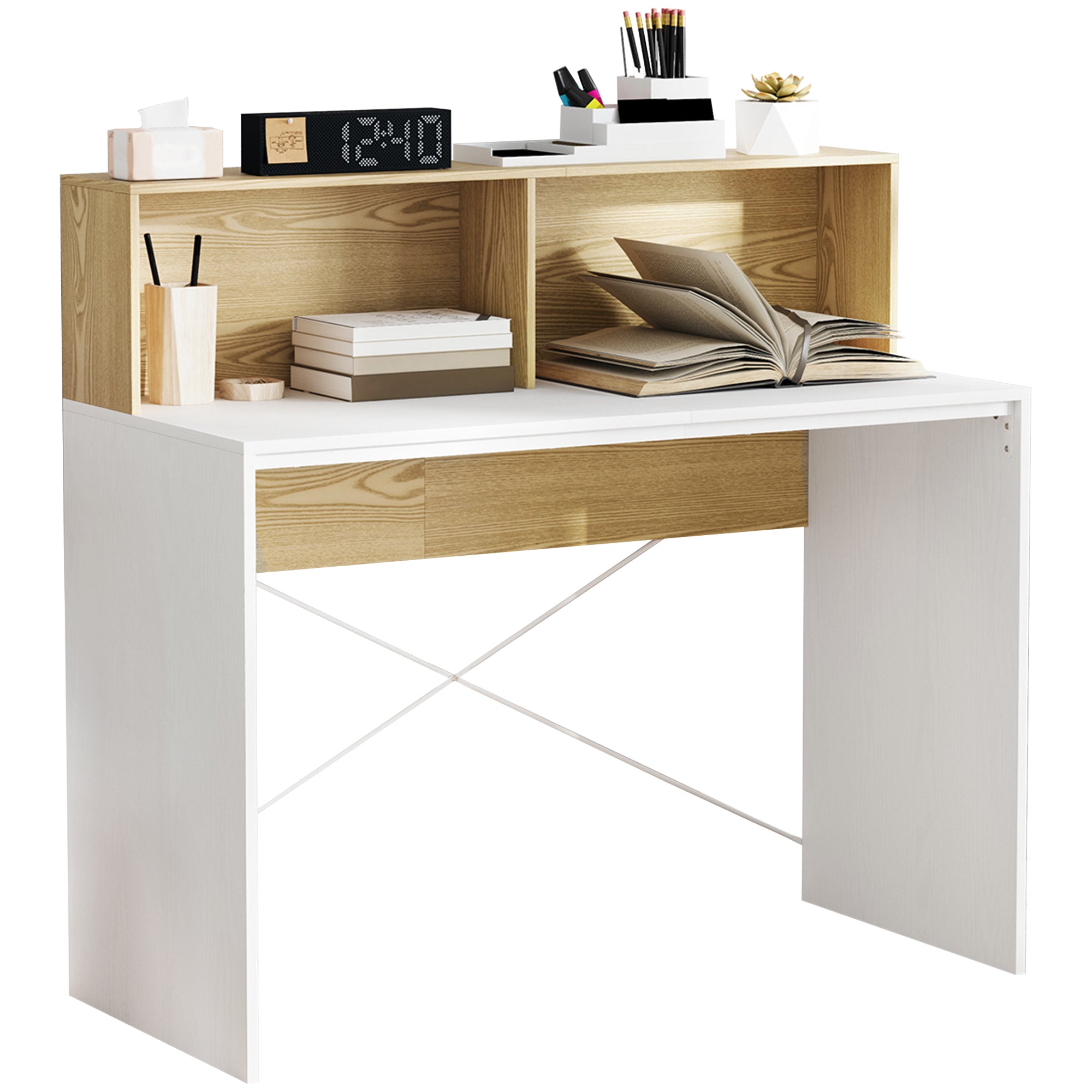 Computer Desk with Storage Table 110 x 50 cm with 2 Open Compartments and Shelf, Computer Desk for Bedroom, Small Spaces, White and Natural