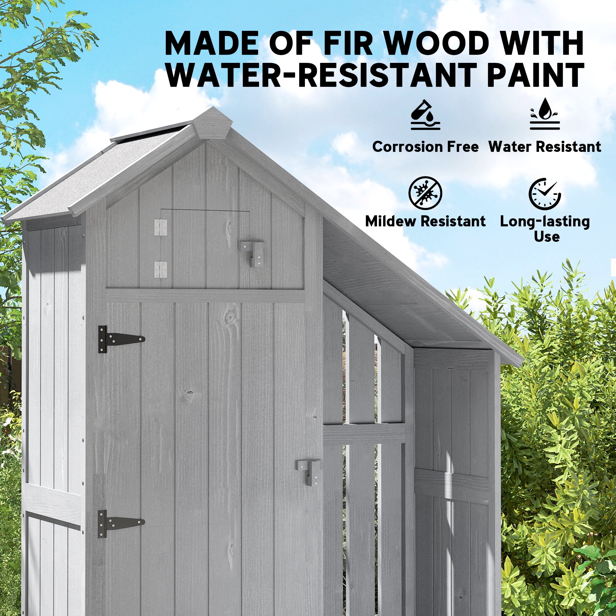 Weather-Resistant Spruce Wood Garden Storage Cabinet with Asphalt Roof and Shelves, Gray — 129 x 51.5 x 180 cm (50.8 x 20.3 x 70.9 in)