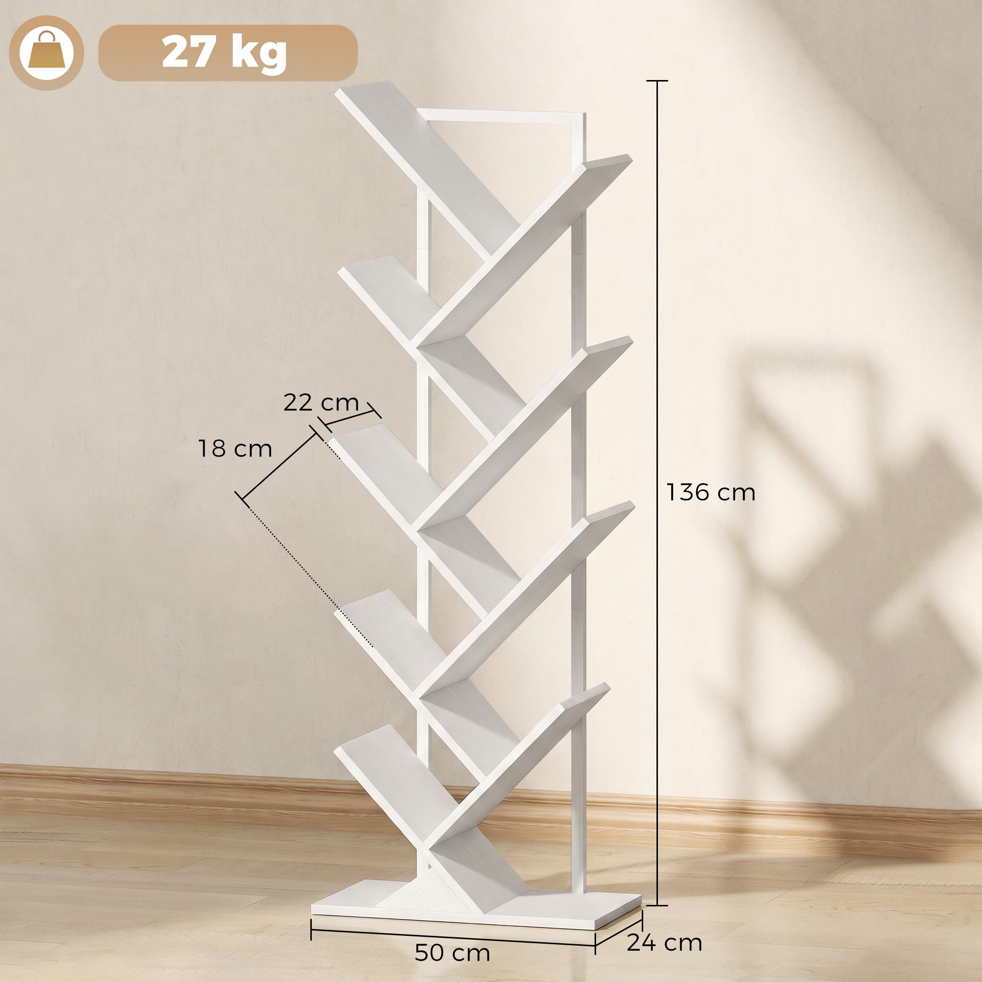 Tree-Shaped 9-Tier Slim Bookshelf, Corner/Storage Shelf for CDs, DVDs, Vinyl, Living Room, Bedroom, Office, White
