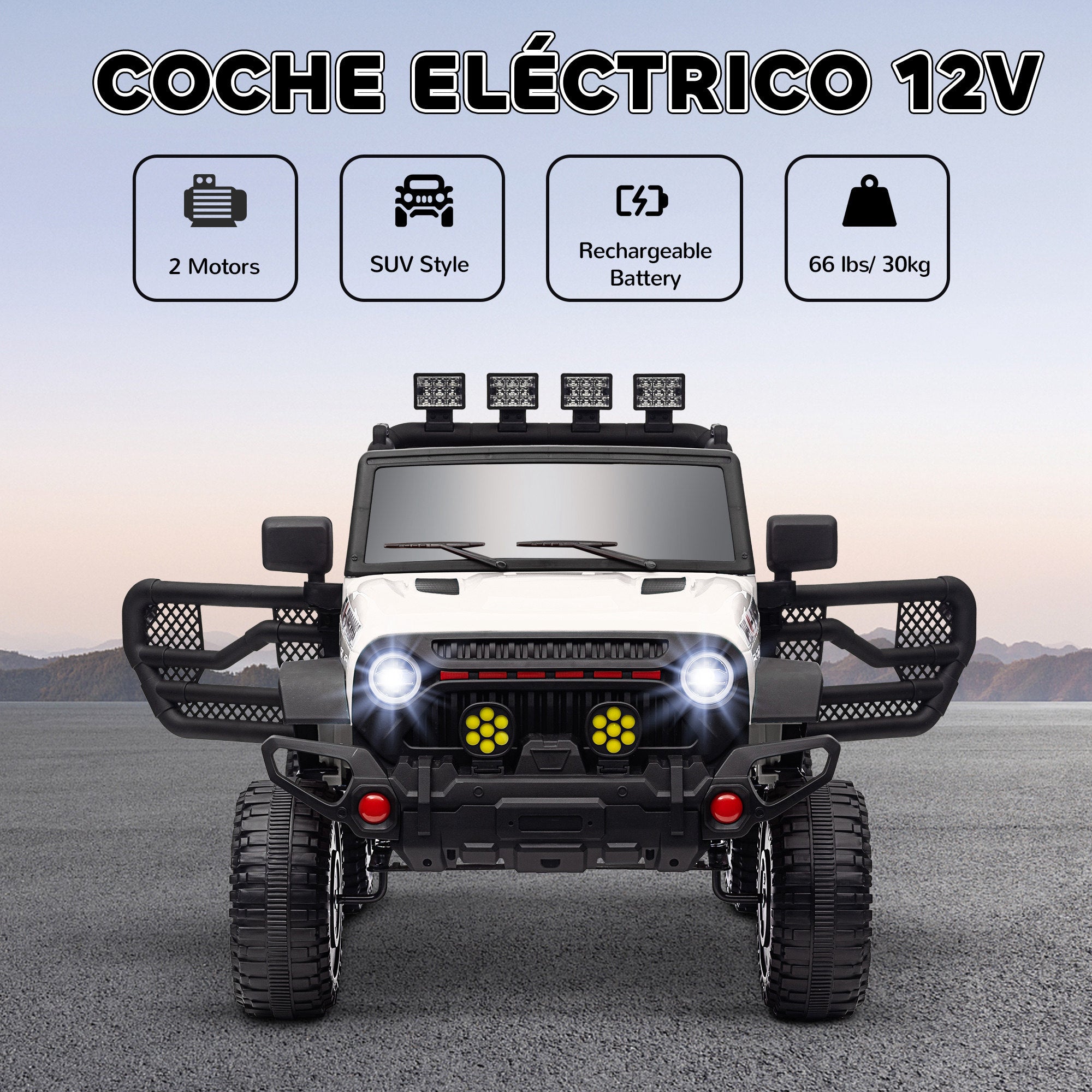Electric Car for Children +3 Years All-Terrain Kids Electric Car with 12V Battery Remote Control Amortized Wheels Bluetooth LED Headlights Horn Music White