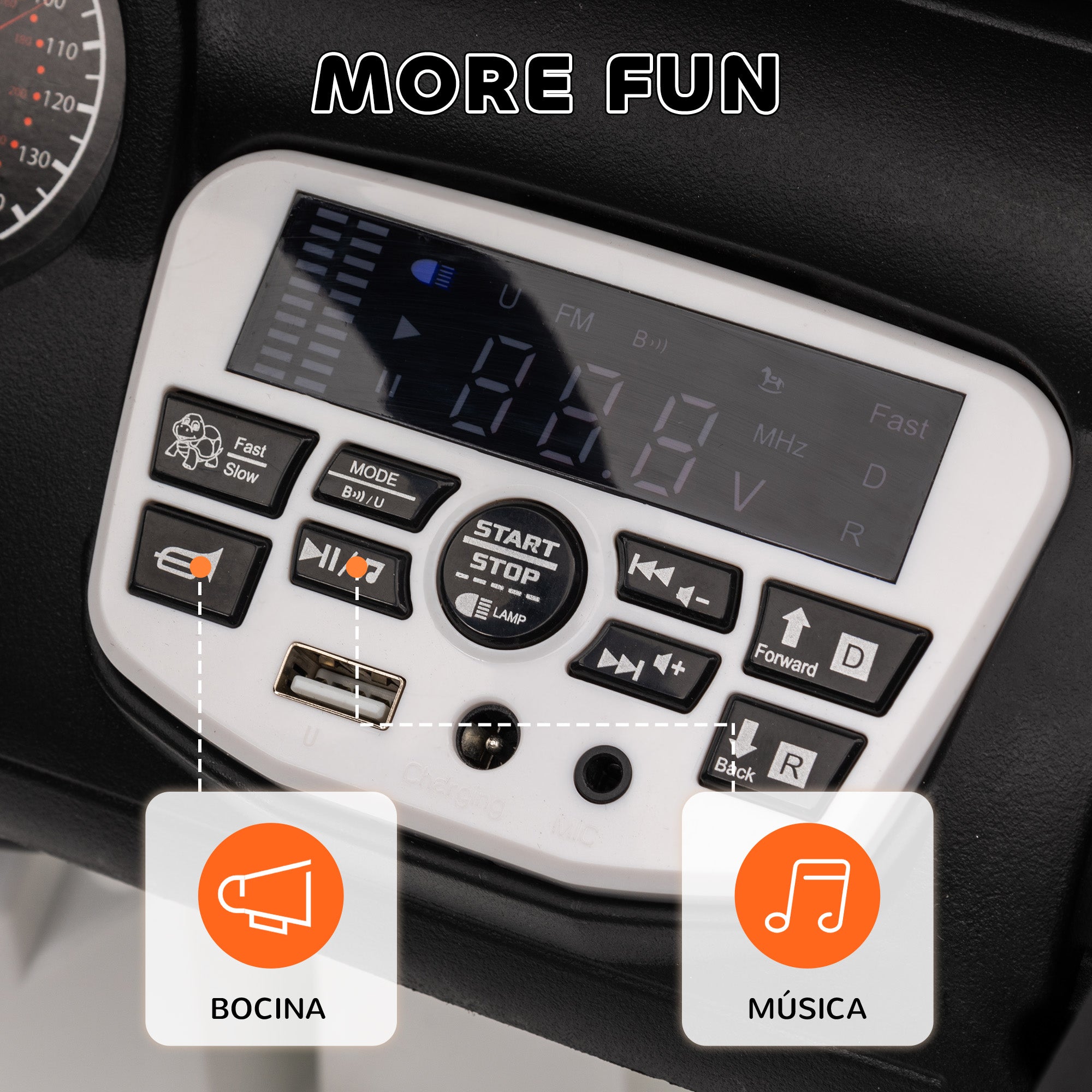 Electric Car for Children +3 Years All-Terrain Kids Electric Car with 12V Battery Remote Control Amortized Wheels Bluetooth LED Headlights Horn Music White