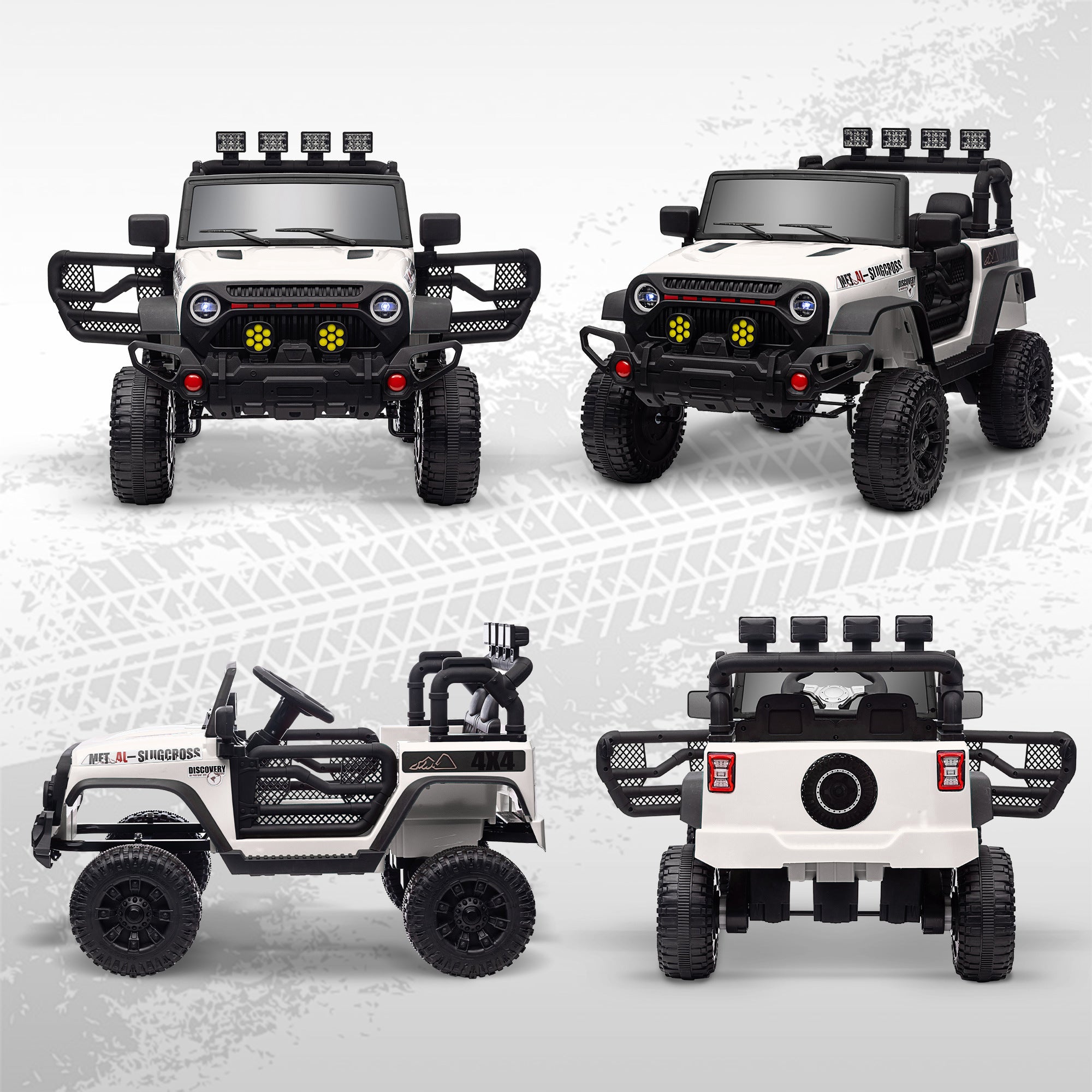 Electric Car for Children +3 Years All-Terrain Kids Electric Car with 12V Battery Remote Control Amortized Wheels Bluetooth LED Headlights Horn Music White