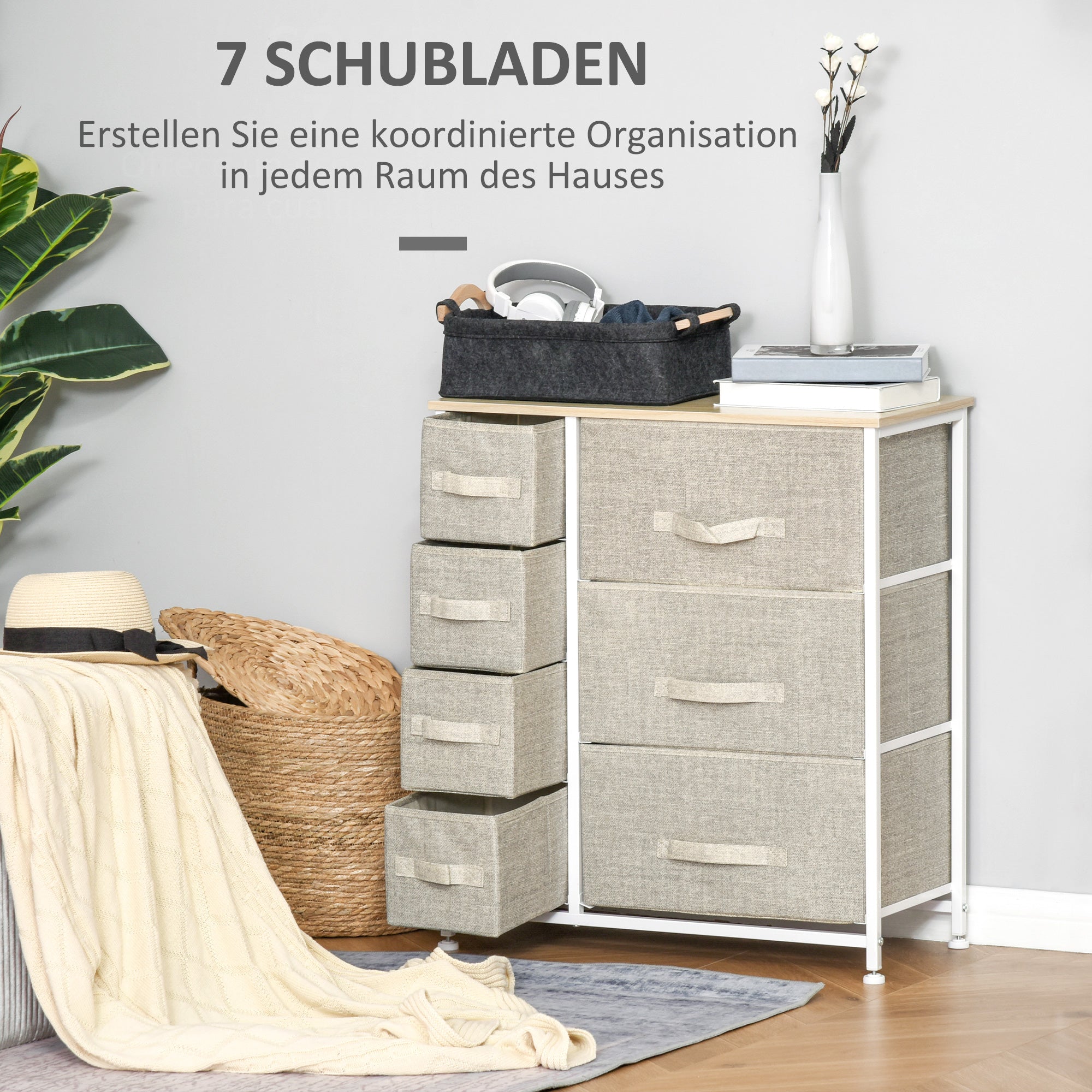 Drawer Cabinet Storage Cabinet with Foldable 7 Fabric Drawers Metal Frame + Wood + Non-Woven Fabric Light Grey 63.5 x 30 x 71 cm